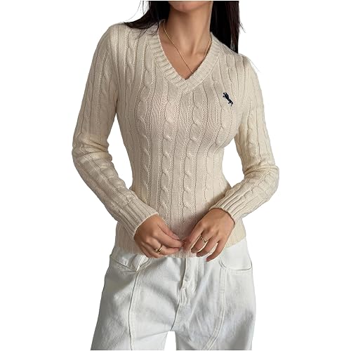 WDIRARA Women's Embroidered V Neck Long Sleeve Sweater Casual Cable Knit Pullover Tops
