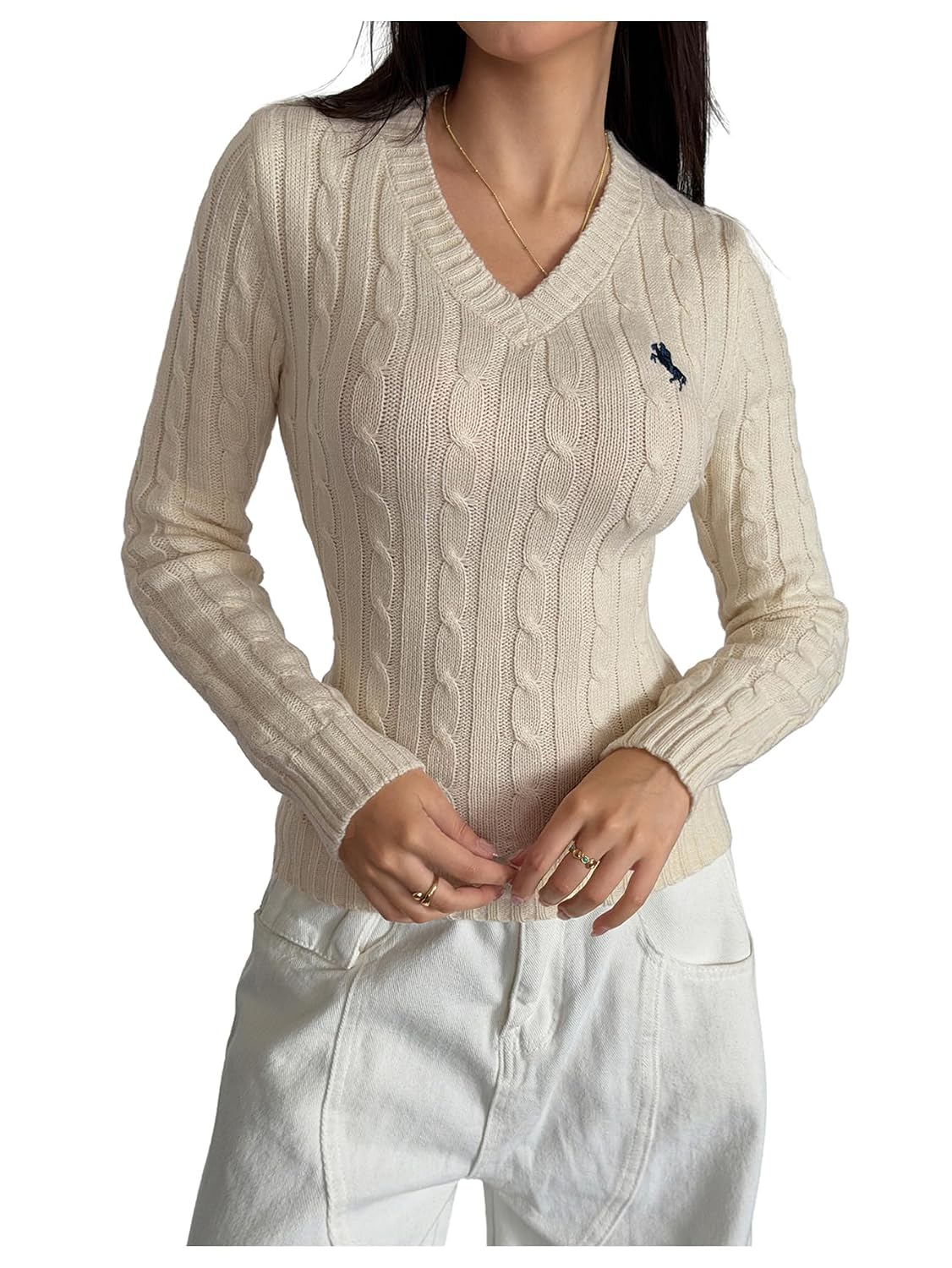 WDIRARA Women's Embroidered V Neck Long Sleeve Sweater Casual Cable Knit Pullover Tops - Review, Price and Buying Guide