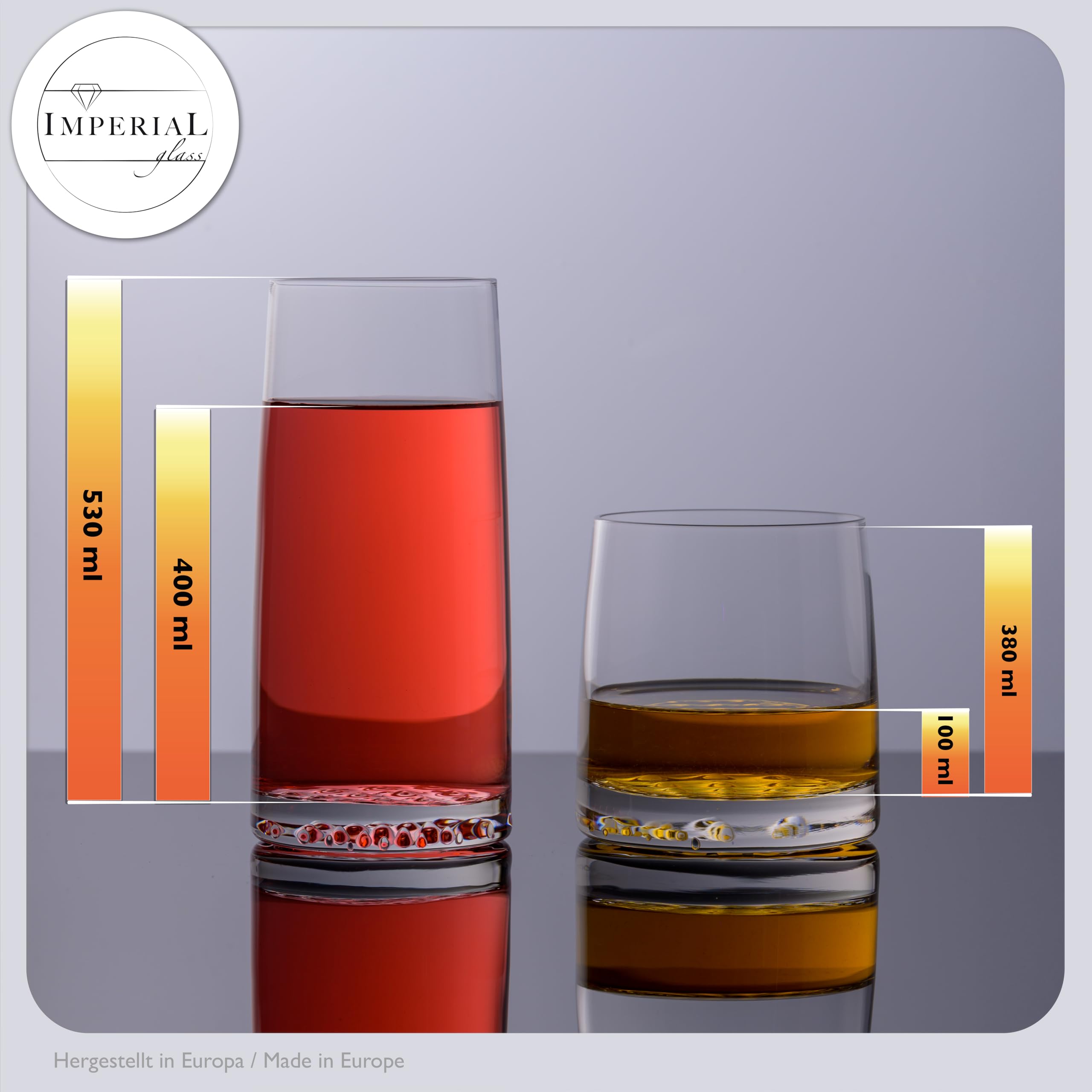 Juego de 12 vasos de agua y zumo de cristal Crystalline de 530 ml/380 ml – Serie Faro, base estructurada, apto para lavavajillas