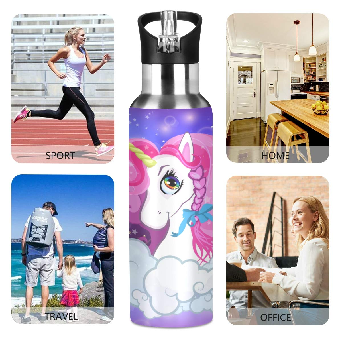 Edelstahl-Trinkflasche Mit Strohhalm – 600 Ml, Isoliert, Auslaufsicher, Kindersicheres Design (Einhorn Mit Sternen)