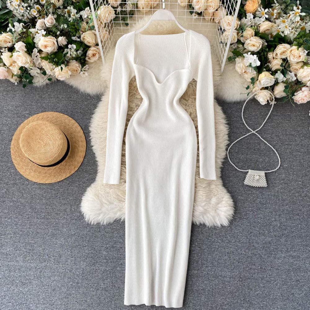 Femme Longues Manches Robe Moulante Sexy sans Bretelles Côtelées pour Dames Automne Hiver Robe Pull Mi-Longue À Manches Longues, Blanc, Taille Unique