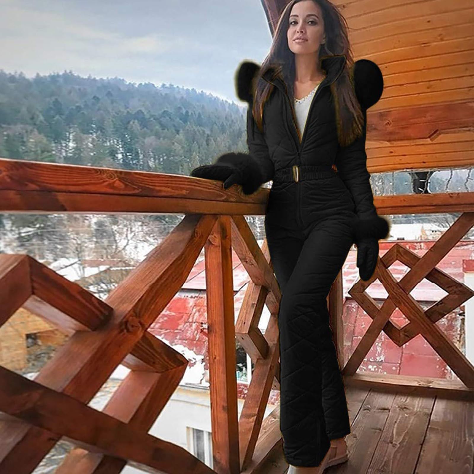 Skianzug Damen Einteiler Eng Elegant Schneeanzug Damen Winter Overall Warm Gefüttert Ski Anzug Atmungsaktiv Wasserdicht Skioverall Einteilig Curvy Skianzüge mit Kapuze Schneeanzüge Jumpsuit