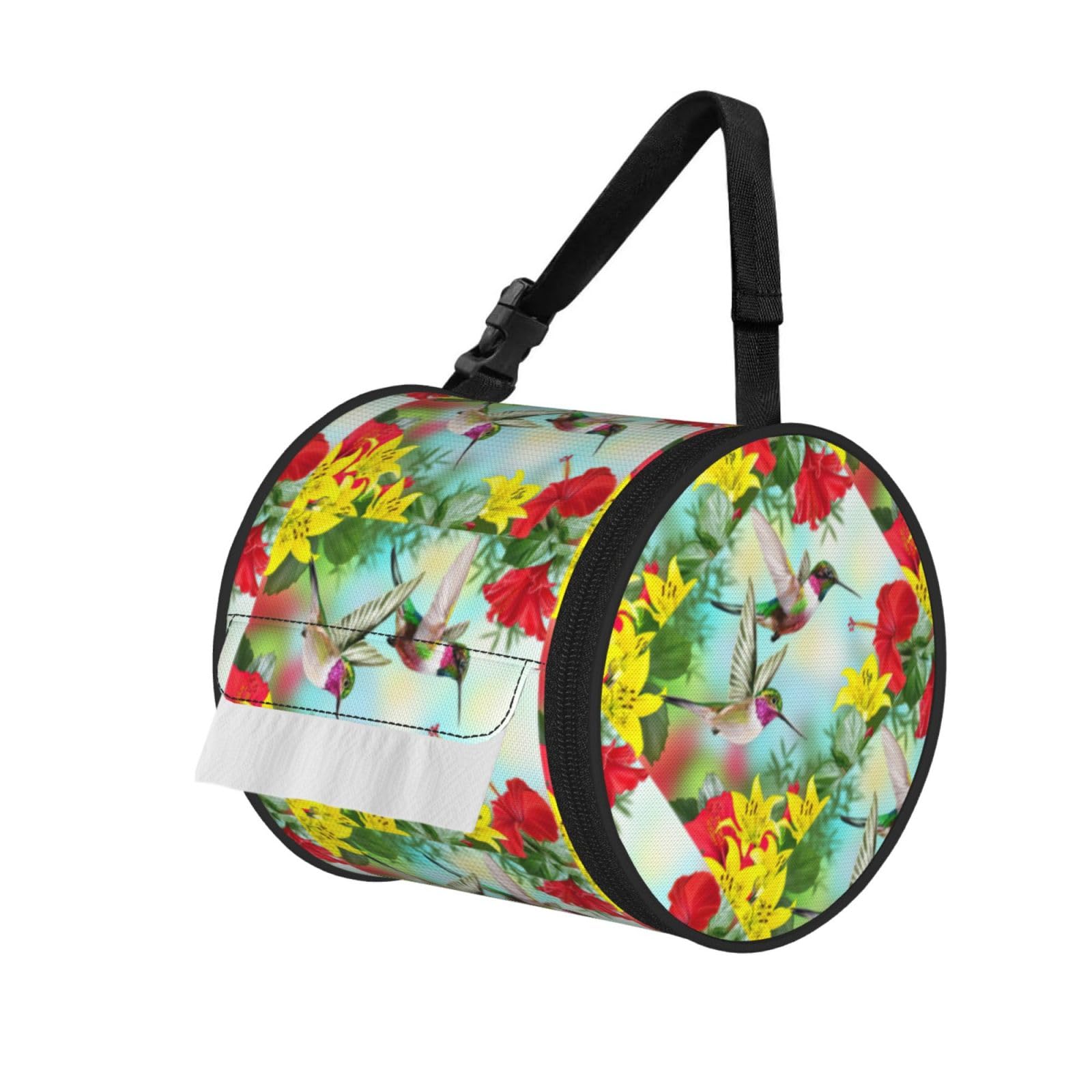 Hummingbirds Red Flower Hibiscus Printed Hanging Tissue Organizer, Smooth Zipper Oxford Cloth Roll Holder for RV Bathroom Desk