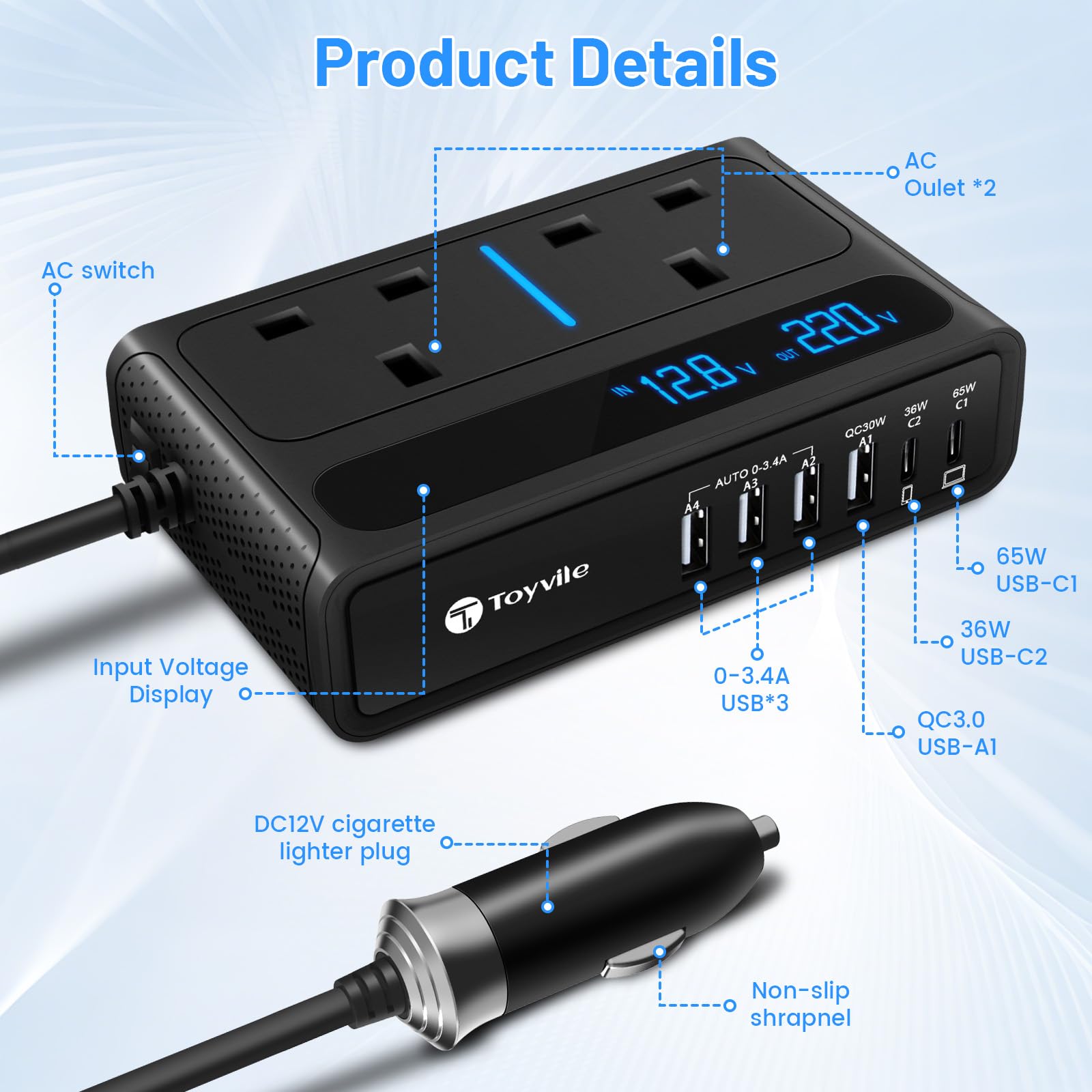 8 in 1 200W Car Power Inverter 12V to 240V / 230V with 2 Sockets, 4 USB Ports and 2 Type-C Ports,Fast Charging Car Voltage Converter Inverter,with Cigarette Lighter Plug,Suitable for Laptops, iPads — view 2
