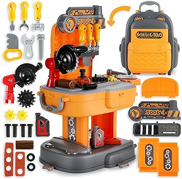 YUJASV School Bag Shape Tool Play Set Pretend Role Play Repair Workshop Engineer Mechanic Tool Toy with Accessories for Kids Boys