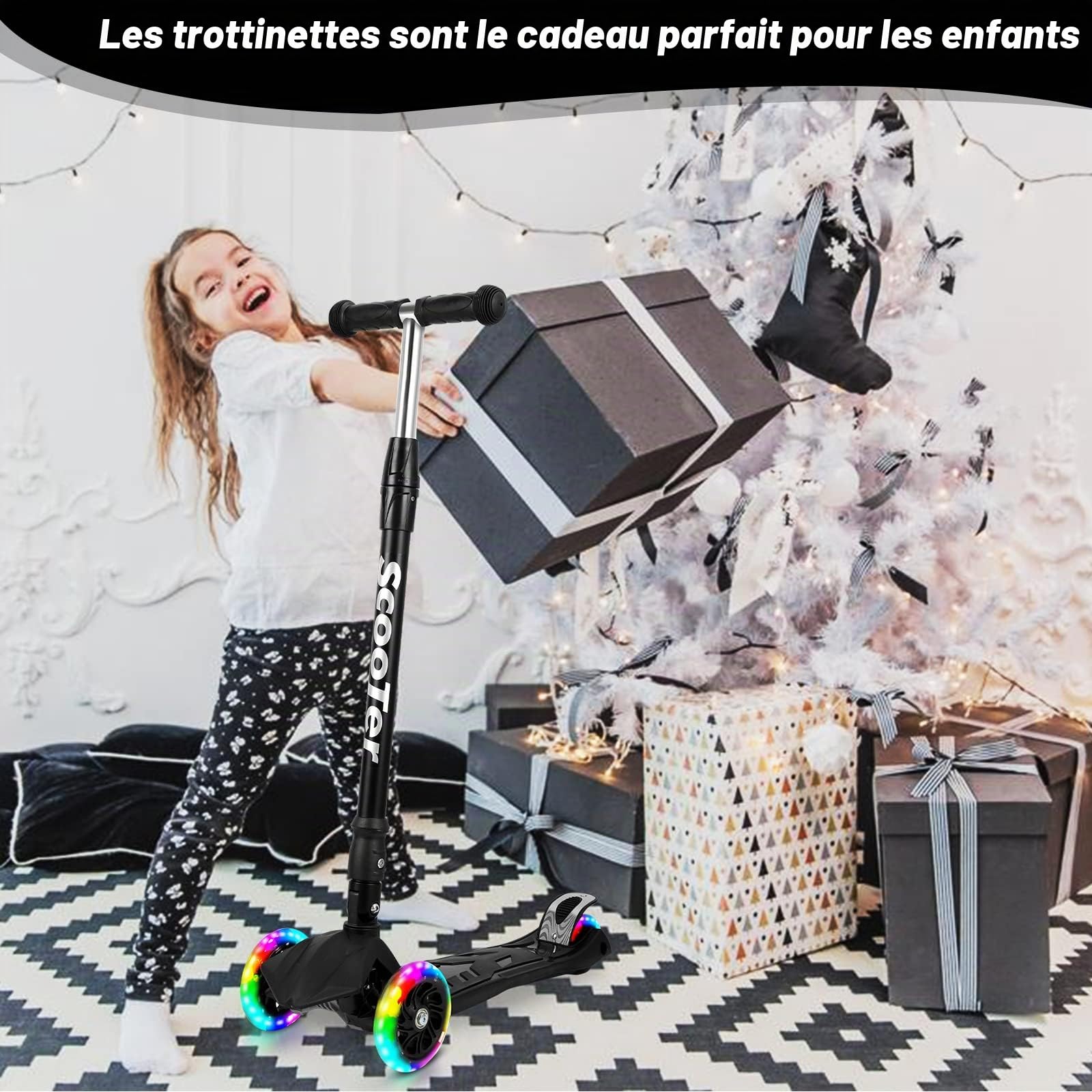 Trottinette à 3 roues pour enfants à partir de 3 à 14 ans - Avec 3 roues lumineuses LED - Hauteur réglable - Pliable - Freins arrière - Maximum 50 kg