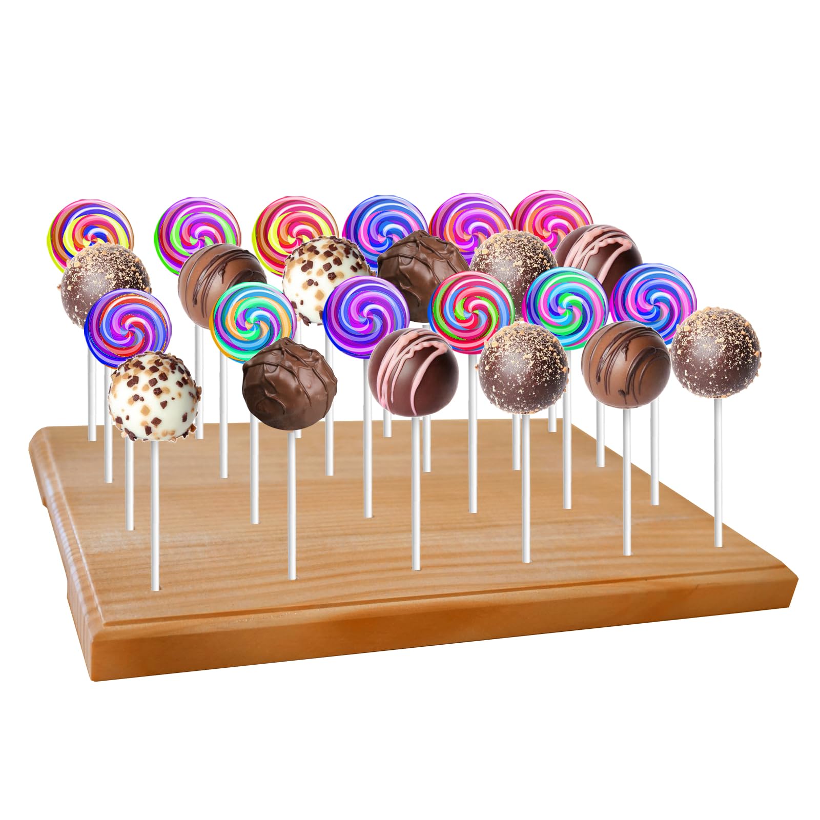 Wooden Cake Pop Stand, 24 Holes Cake Pop Display Stand Lollipop Holder for Weddings Birthday Baby Showers Party Anniversaries Holiday (Walnut Brown, Only Stand)