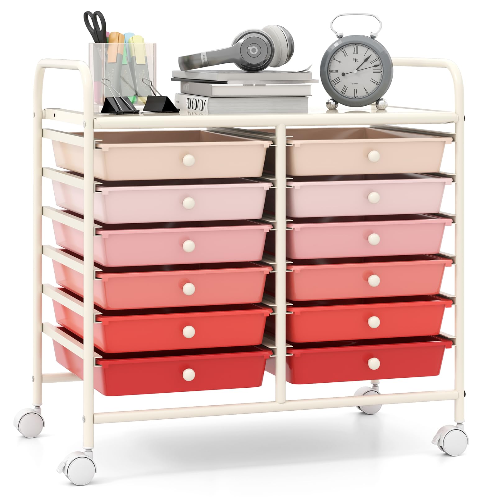 COSTWAY 12 Drawers Storage Cart, Multipurpose Utility Rolling Trolley with Lockable Wheels, Mobile Organiser Shelving Unit for Home Office Makeup Beauty Salon (Gradient Pink)