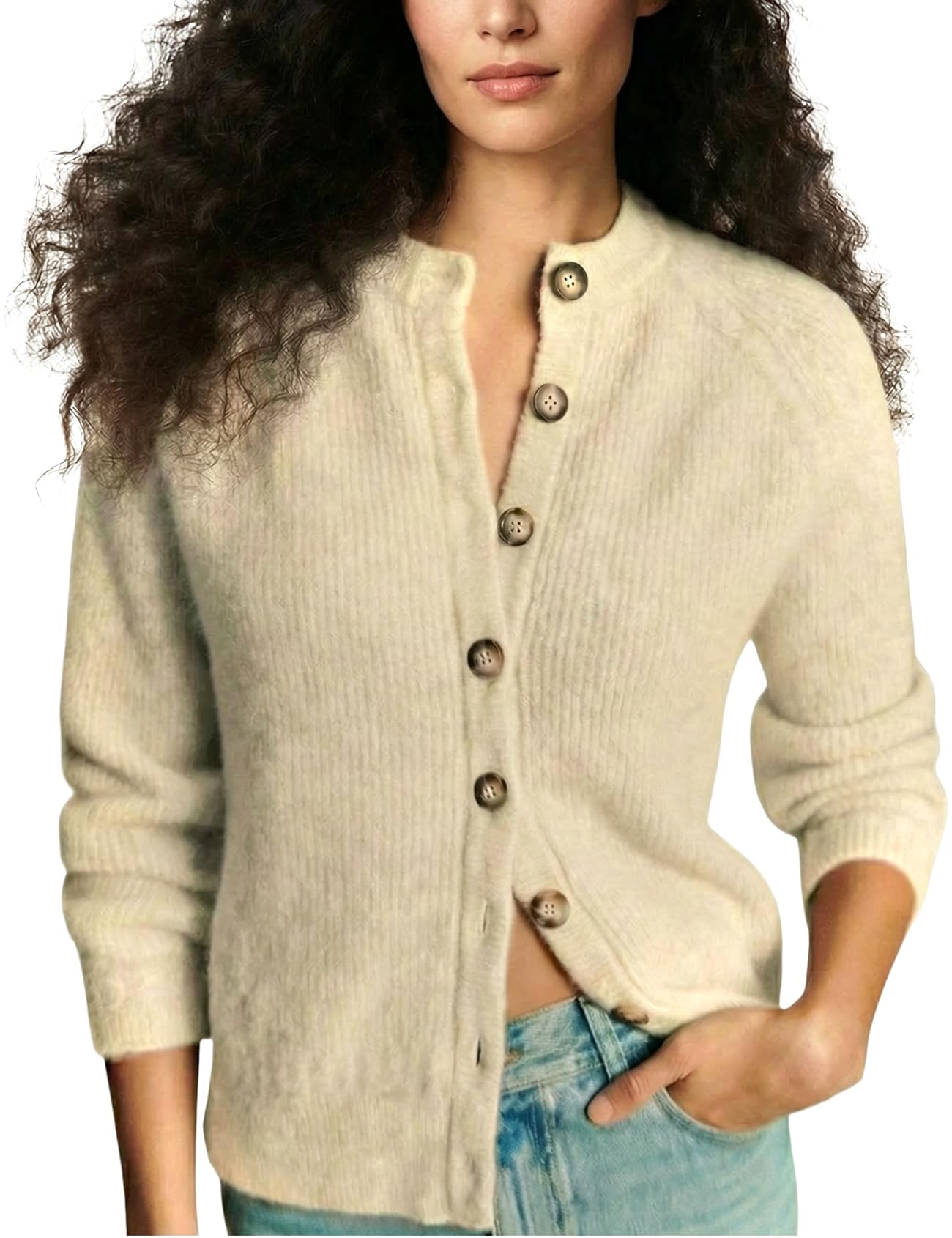 Wyeysyt Womens Crewneck Cardigan Sweater Chunky Knit Sweater Button Down Loose Casual Cardigan