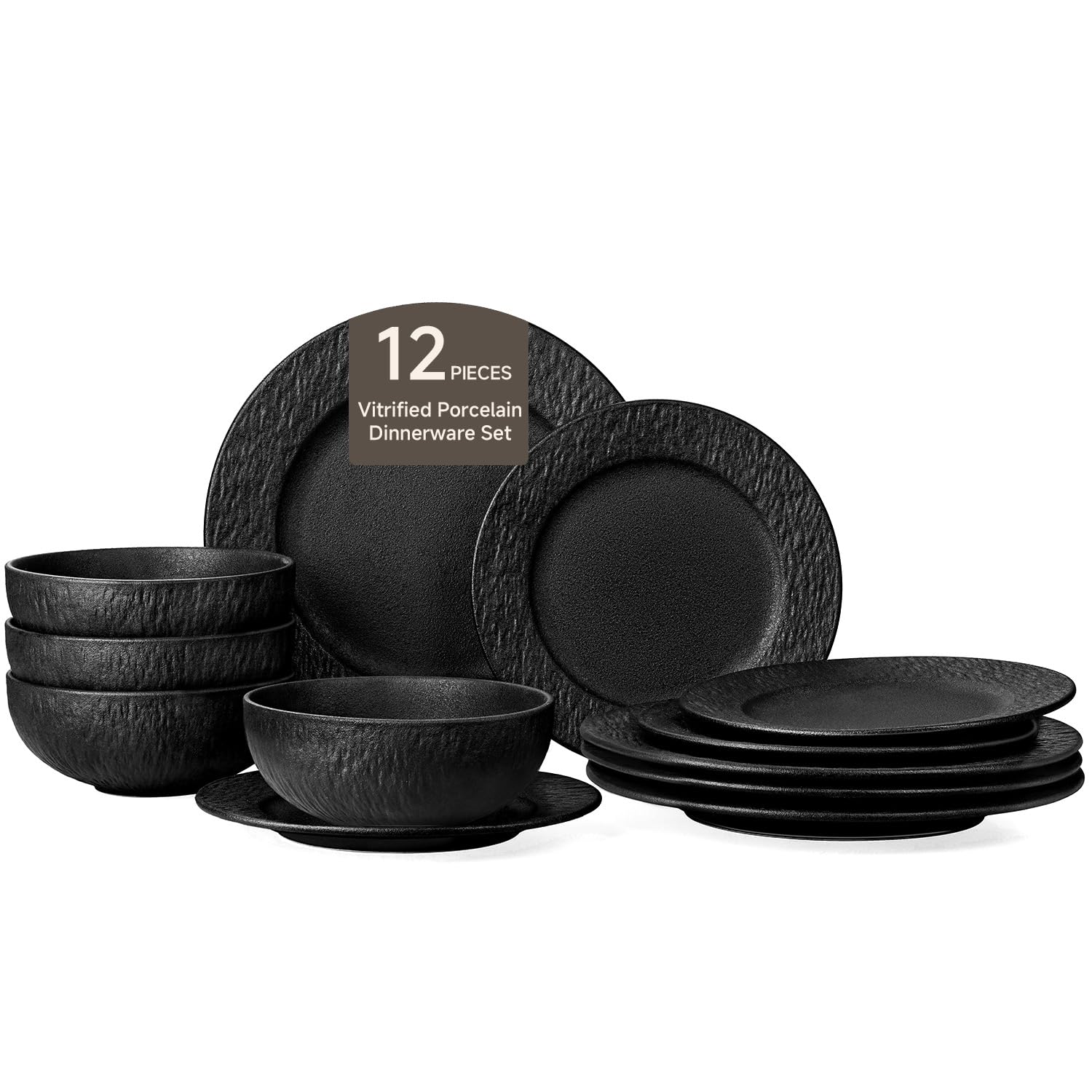 Black Dinnerware Sets, 12-Piece plates and bowls sets, Matte Marble