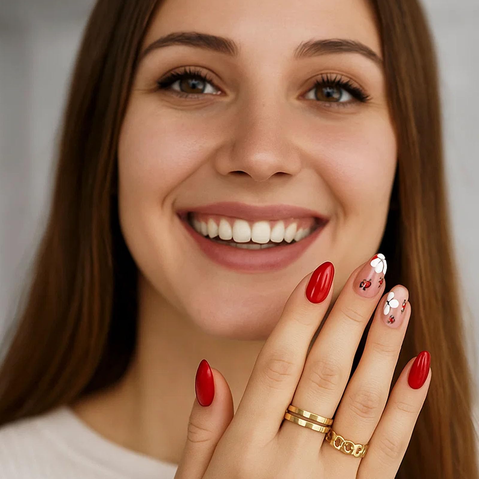 Red Glossy Almond Press On Nails Set including Ladybug Floral Art Design - Image 4