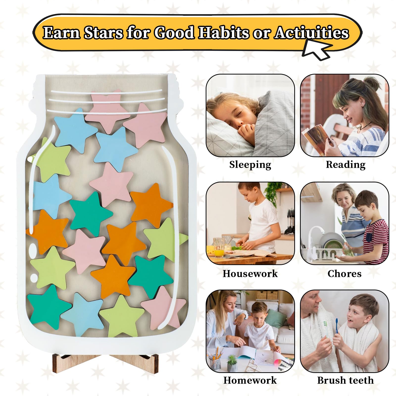 Pot De Récompense Étoiles Giantree - 25 Étoiles En Bois Avec Support - Motivation Enfants École Ou Maison