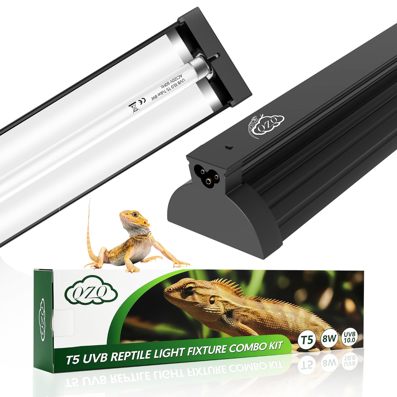 QZQ T5 UVB Reptile Light Fixture Combo Kit 8W, 10.0 UVB Light for Reptiles, Terrarium Hood Comes with Desert UVB Lamp for Bearded Dragon, Gecko, Tortoise, Lizard