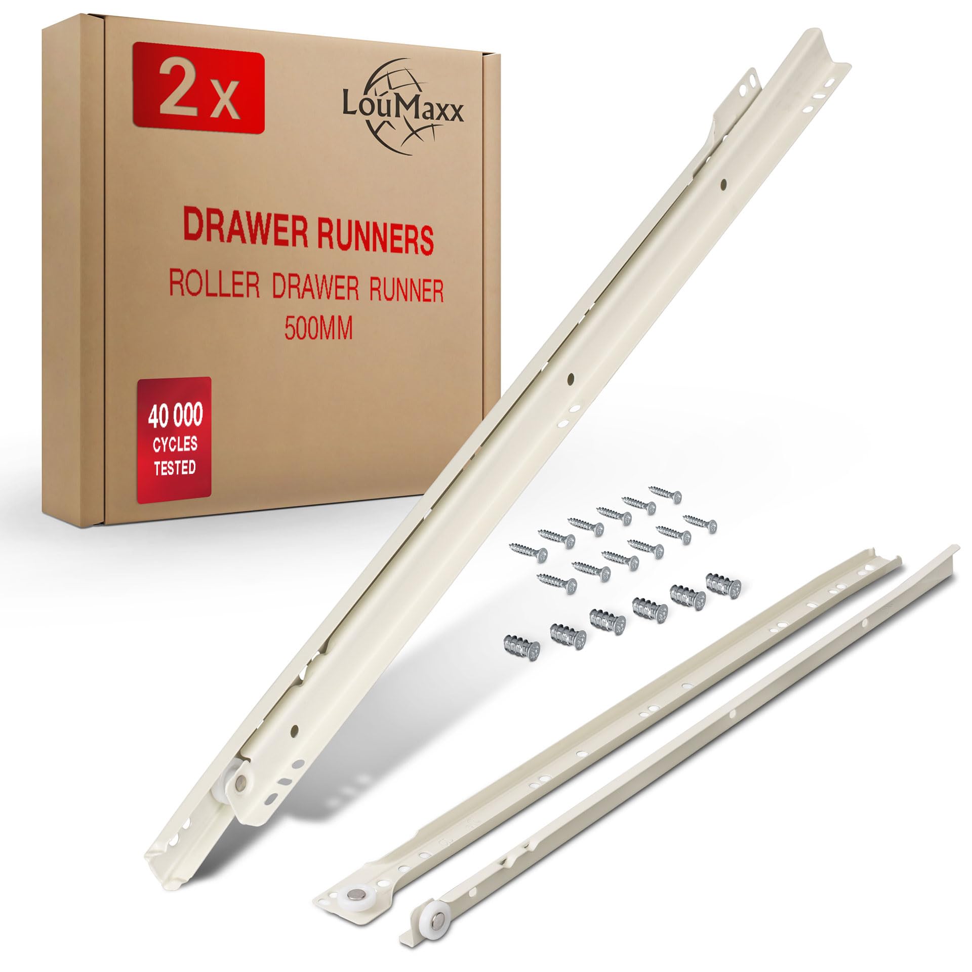 Loumaxx White Roller Slide Guides 500 Mm Drawer Runners, Drawer Rail System With Partial Extension, Smooth Runners Drawer In Cream Set Of 2 (1 Pair)