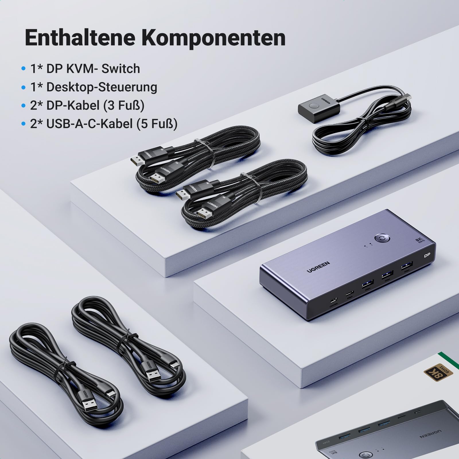 UGREEN Displayport KVM Switch 8K@60Hz, DP 1.4 mit 4 USB 3.0 Ports Unterstützt 8K@60Hz 4K@240Hz Share 1 Monitor Tastatur Maus U-Disk Drucker, mit 2 DP Kabeln, 2 USB A zu C Kabeln