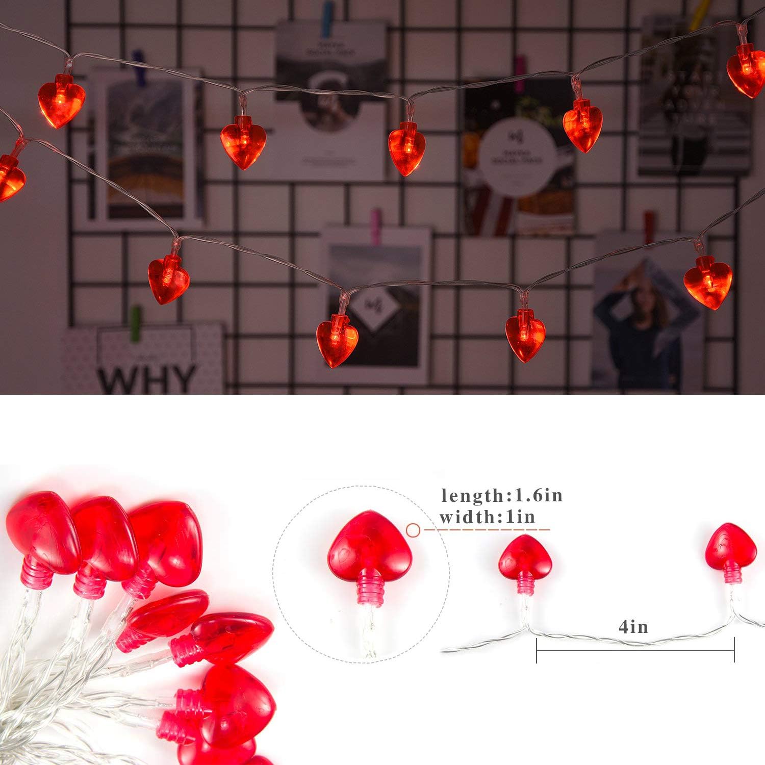 Valentine’s Day String Lights Decorations - 8.2ft/2.5m 20 Red Heart-Shaped 8 Flash Modes Battery Operated Twinkle Fairy Indoor/Outdoor Decorative Lights for Home/Bedroom/Wedding/Party/Valentine Decor