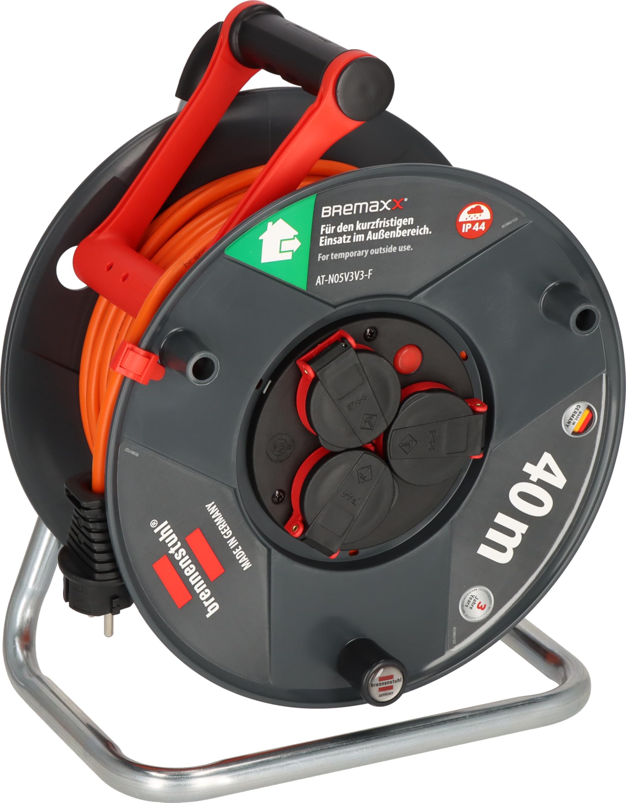 Brennenstuhl Garant V2 IP44 Enrollacables 40m exterior (Fabricado en Alemania, 3 tomas con conexión a tierra, protección contra sobrecalentamiento, uso a corto plazo en el exterior)