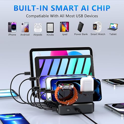 Miniatura 3 de Estación de carga para múltiples dispositivos, estación de carga USB de 68 W con 6 puertos con carga rápida PD USB-C de 20 W, 8 cables compatibles
