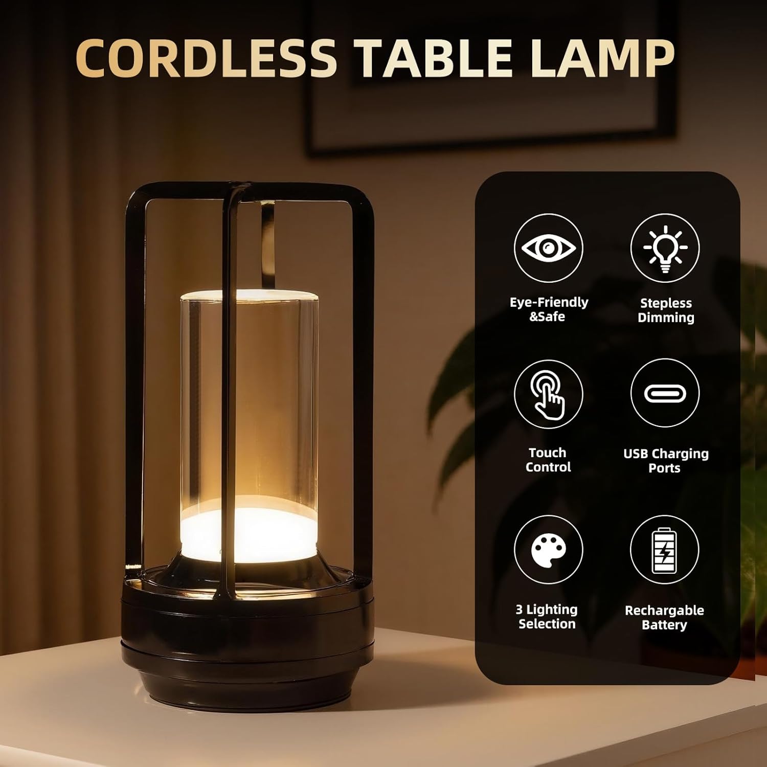Portable Touch Control Table Lamp with 5000mAh Battery, 3-Color Stepless Dimming Cordless LED Light for Bedroom/Camping/Restaurant/Bar Indoor & Outdoor (1-Pack Pearl Black)