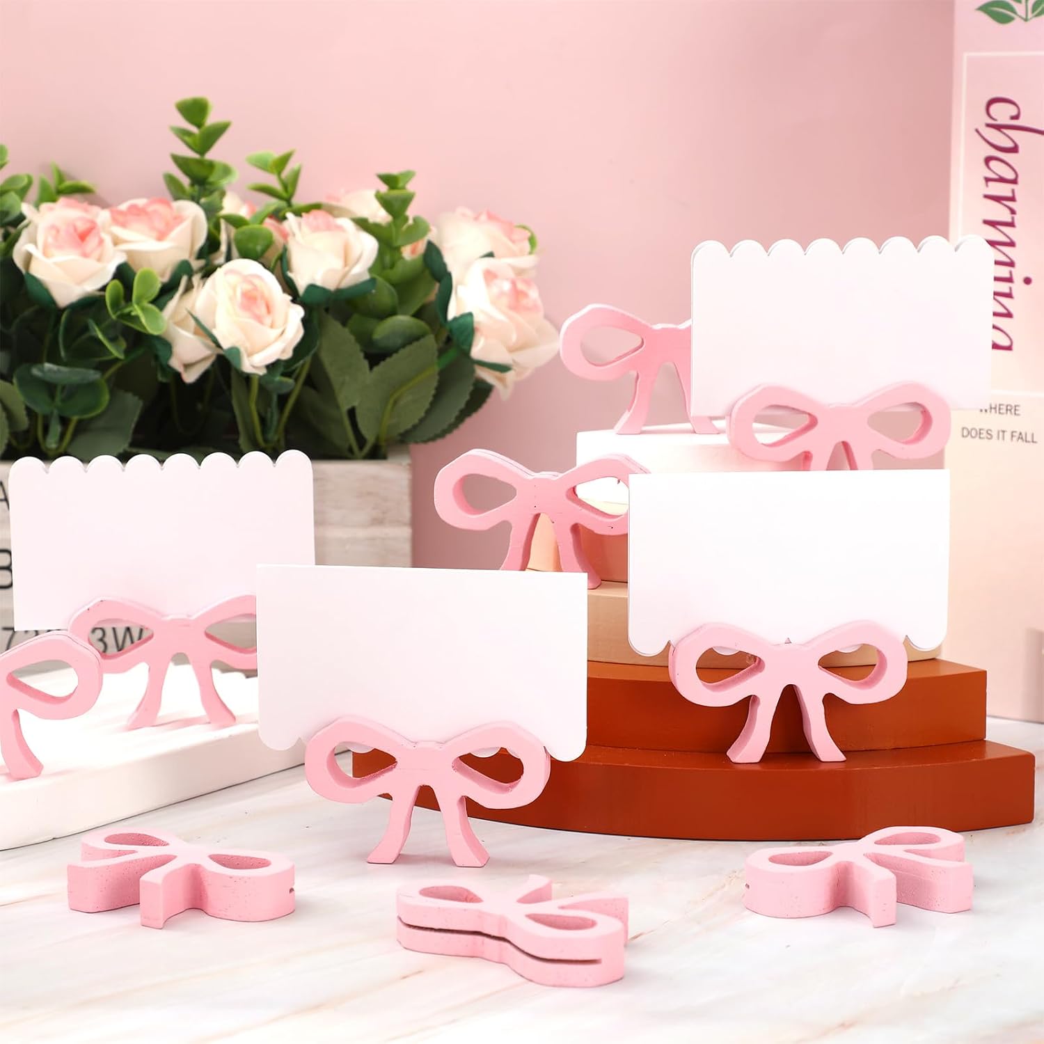 JarThenaAMCS 18Pcs Pink Bow Wooden Place Card Holder Coquette Bowknot Table Number Holder Cute Name Card Display Stand for Baby Shower Wedding Party Table Setting Supplies image 3