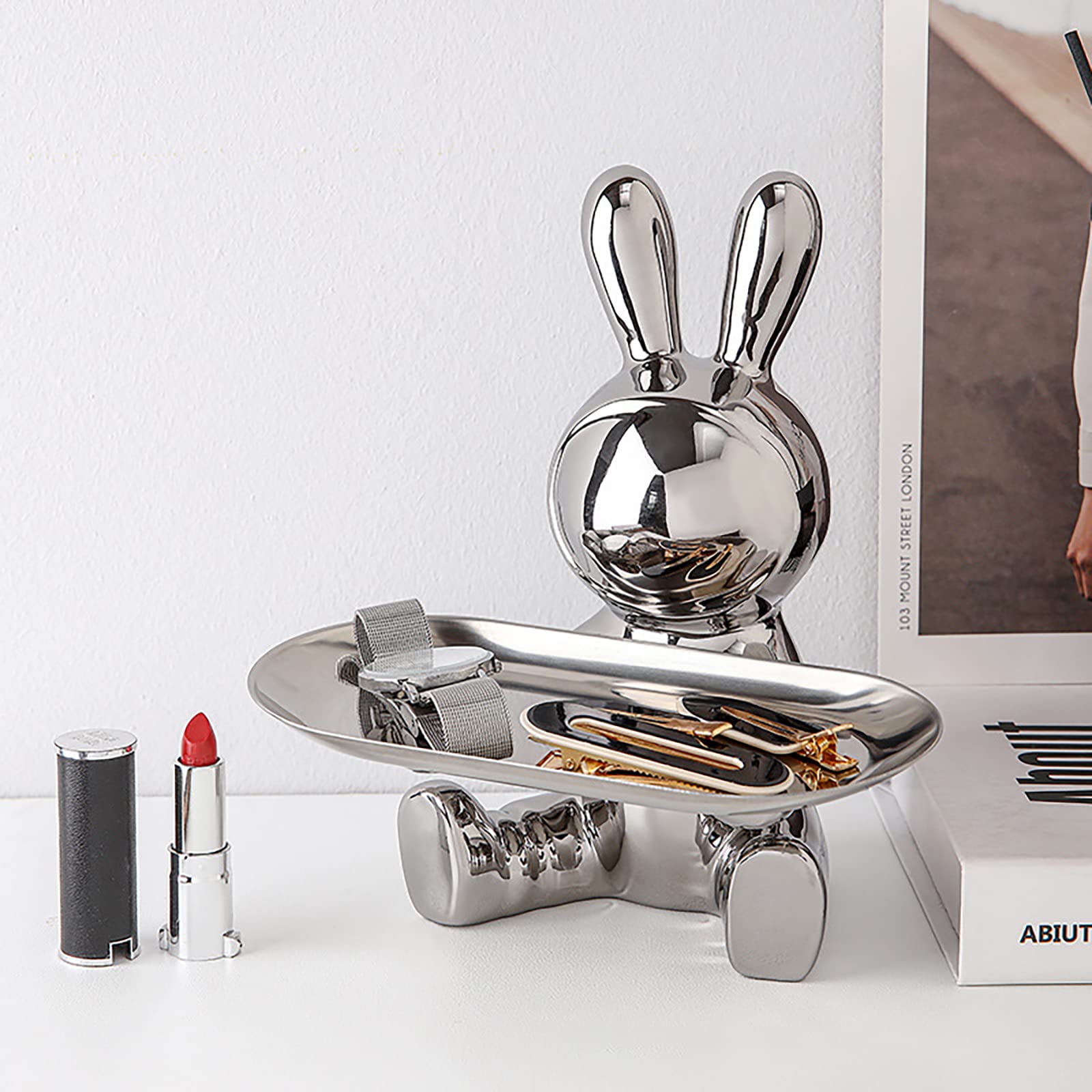 Plateau clé entrée lapin en céramique pour un vide-poches design et chic