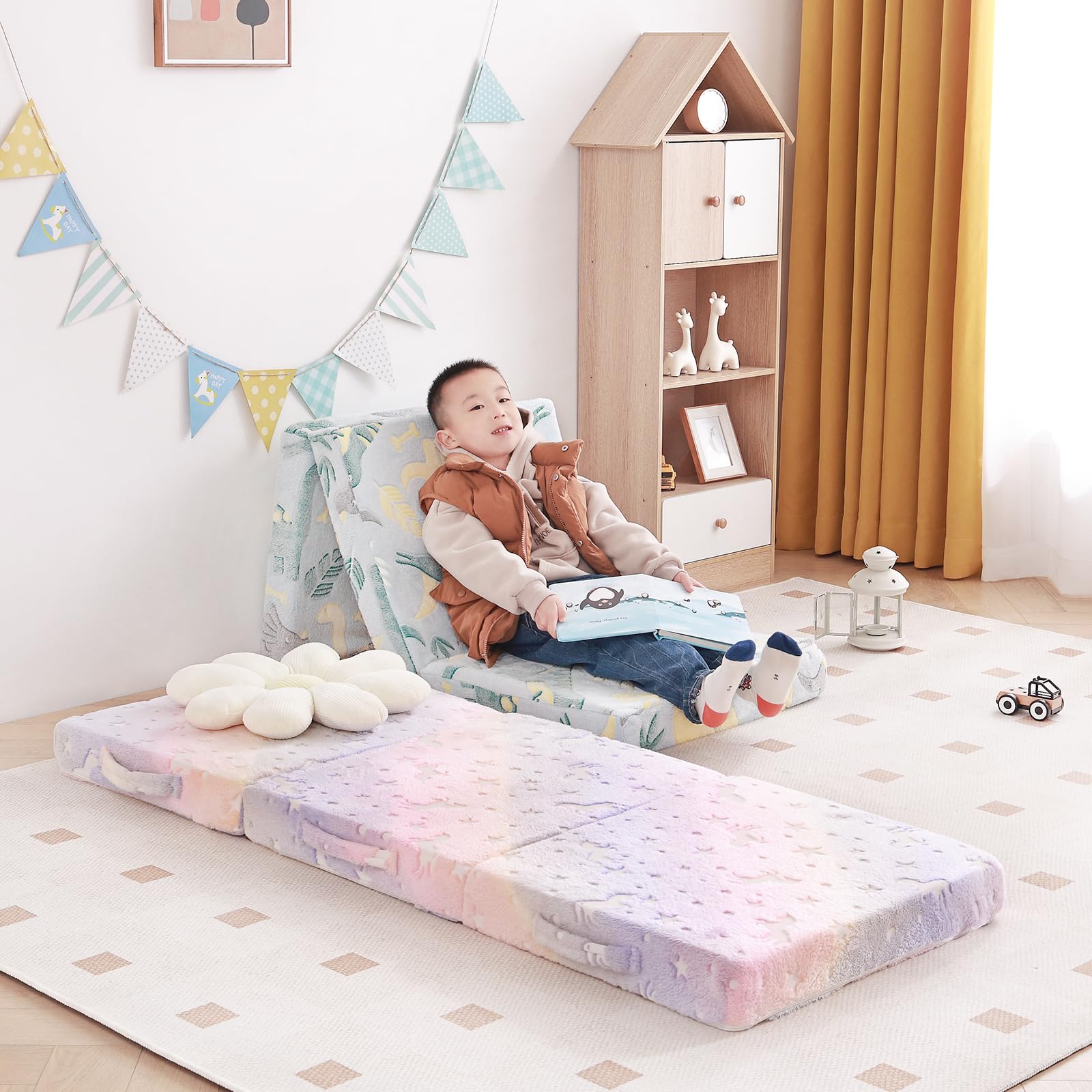 Colchón de piso triple para niños, futón que brilla en la oscuridad con funda extraíble, tapete portátil de espuma para siesta con bolsa de almacenamiento para niñas y niños, dinosaurio azul 4