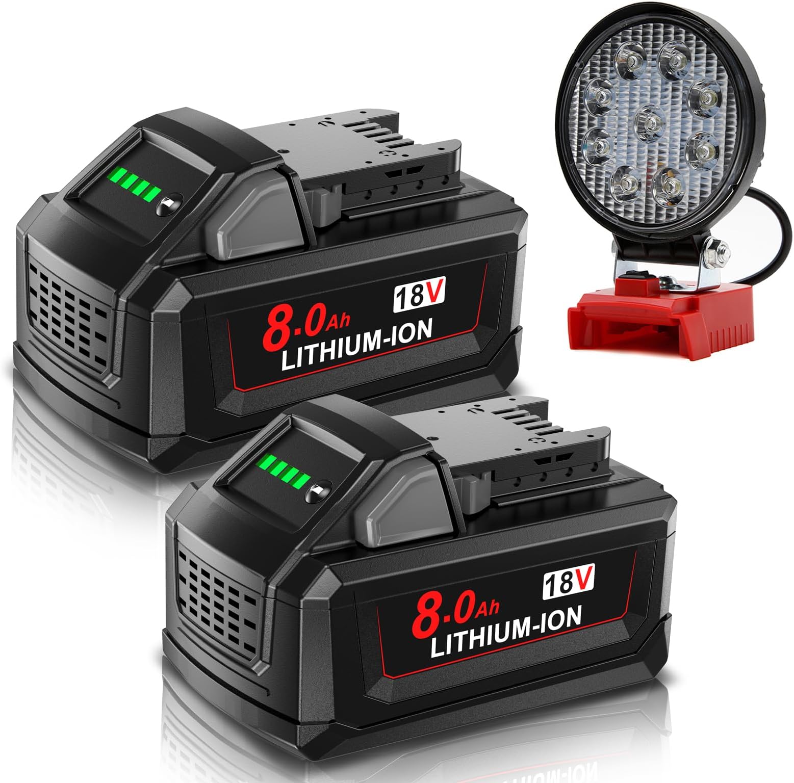 2X 8000mAh M18 Battery + LED Light for Milwaukee, Powtree Replacement for Milwaukee 18V Battery 48-11-1810 48-11-1820 48-11-1850 48-11-1828 48-11-1860 Cordless Power Tool with Indicator