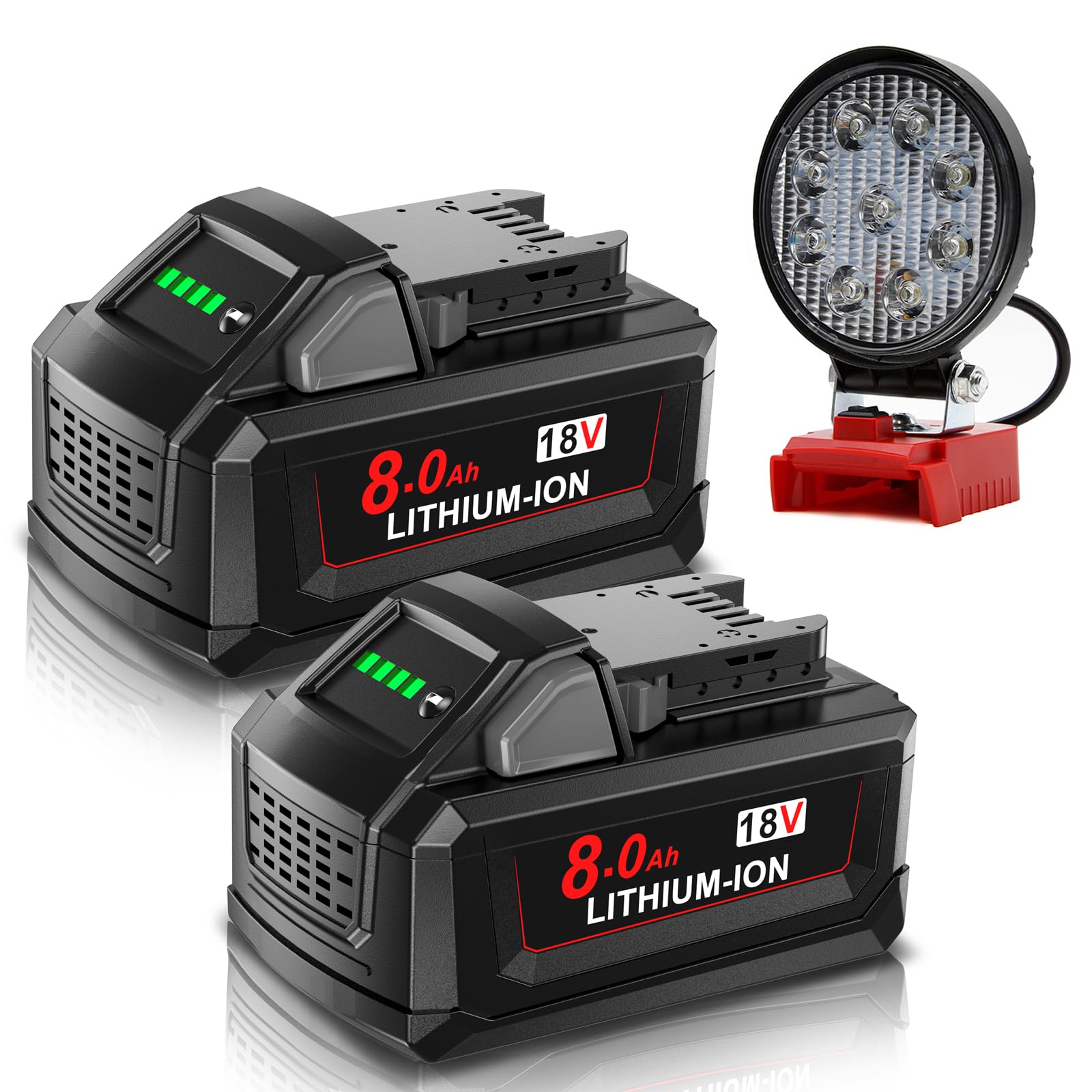 2X 8000mAh M18 Battery + LED Light for Milwaukee, Powtree Replacement for Milwaukee 18V Battery 48-11-1810 48-11-1820 48-11-1850 48-11-1828 48-11-1860 Cordless Power Tool with Indicator