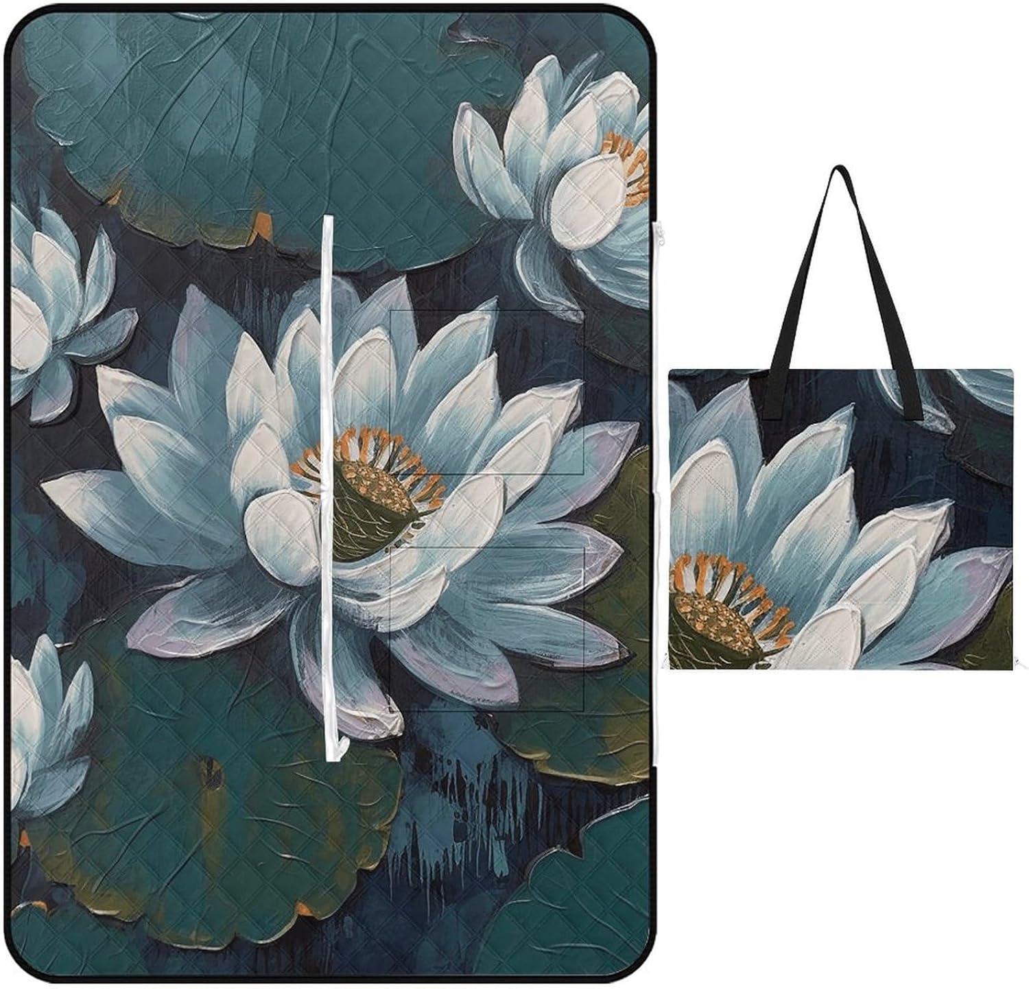 Hand Painted Flower Picnic Blanket 150x150cm, Foldable 2-in-1 Picnic Mat and Tote Bag Portable Waterproof Beach Mat Sandproof Outdoor Blanket for Park, Hiking, Beach, Camping, Travel