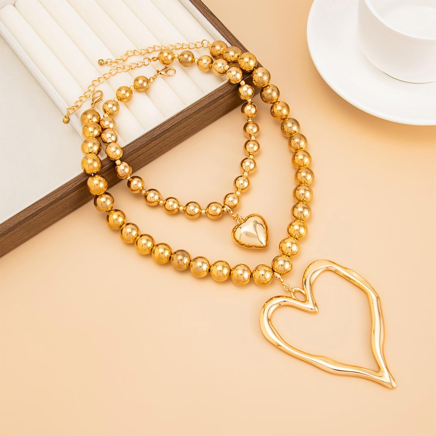 Large Heart Necklace Chunky Gold Necklace for Women Silver Pendant Chain Beaded Statement Choker Bold Thick Jewelry Valentines day Gifts for Her Galentines Day Y2k accessories - Image 5