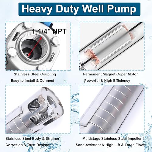 Miniatura 4 de Bomba de agua solar, bomba sumergible de pozo profundo DC 110 V 2 HP, bomba de pozo profundo de 4 pulgadas OD con controlador MPPT para riego