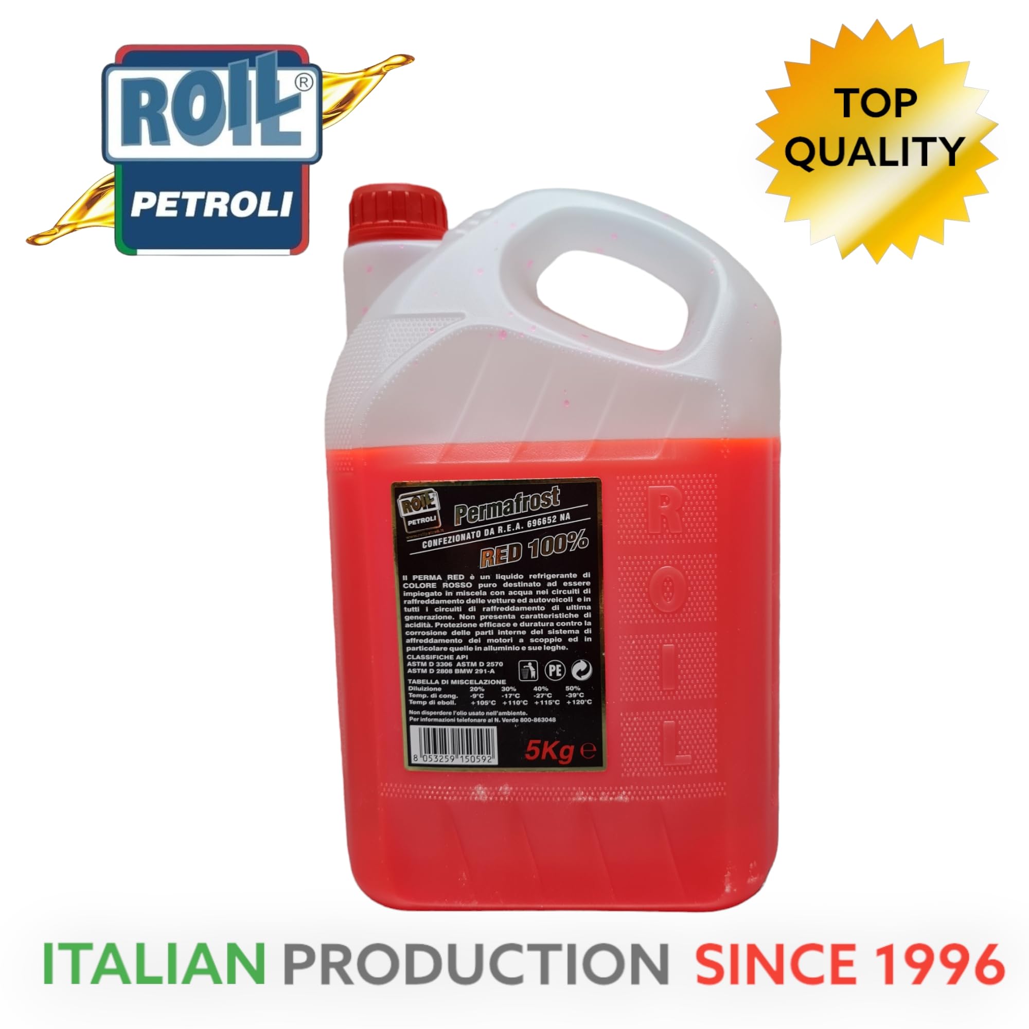 Roil PERMAFROST ANTIGELO Rosso G 12 SUPERCONCENTRATO Diluito al 50% con Acqua, Si ottengono 10 Litri di Liquido Pronto all'Uso con Protezione -40° +120° (5 kg.)
