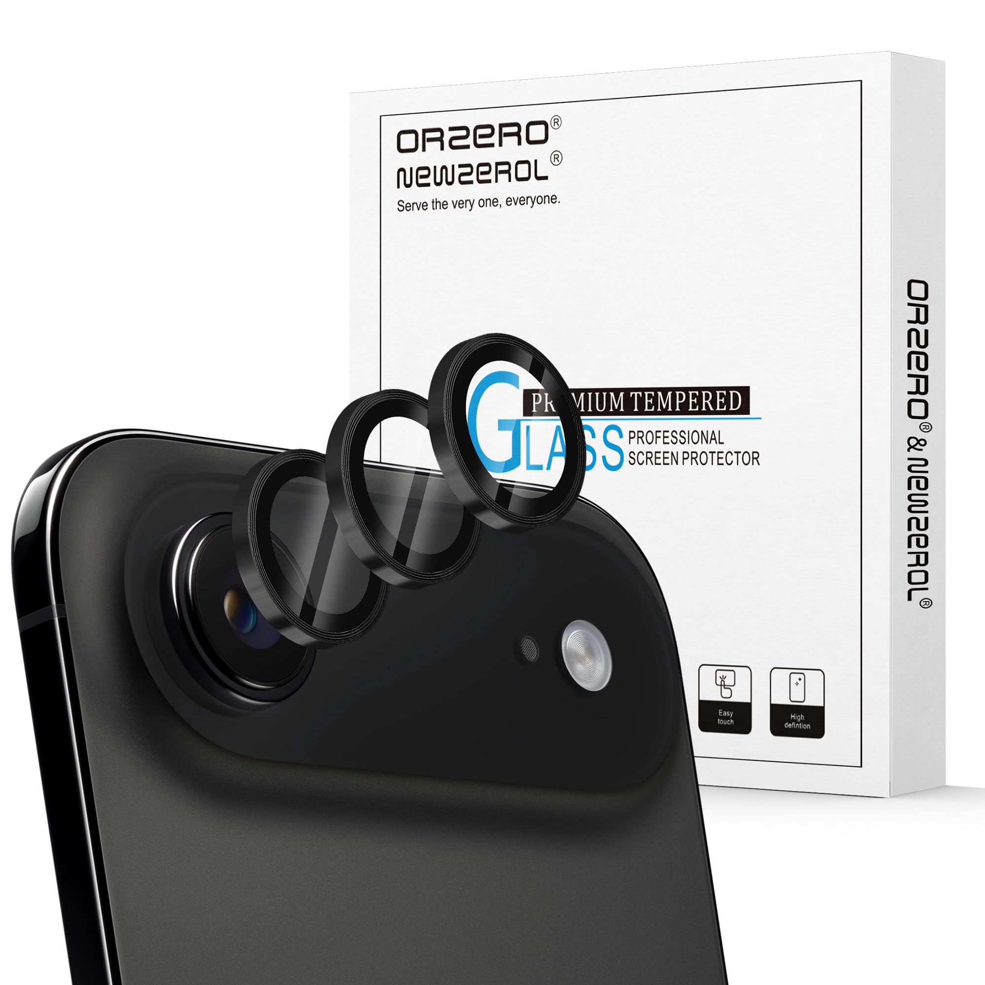Orzero 9H Glass Camera Lens Protector for iPhone 17 Air-Black, 2 Set