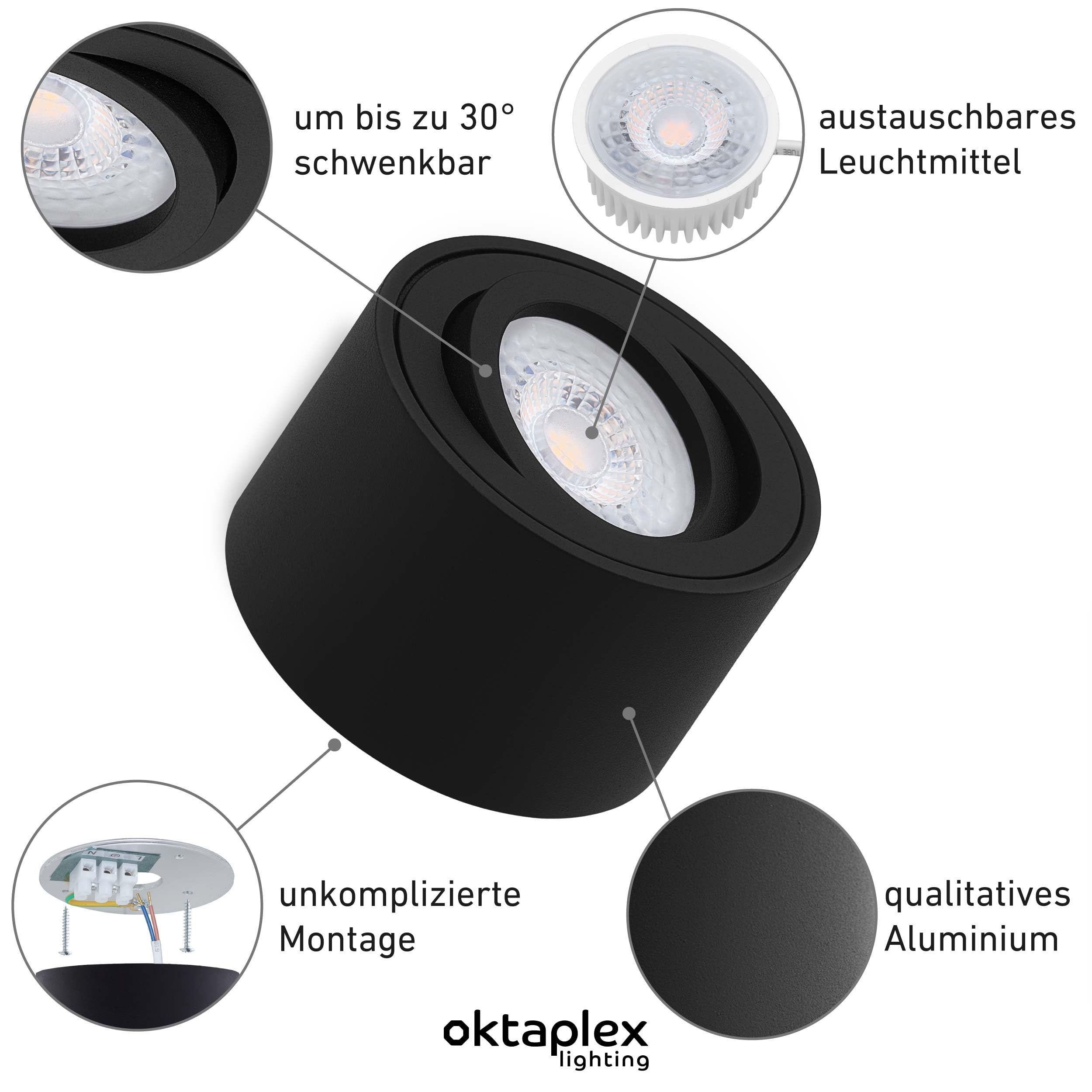 Oktaplex Lile - Foco empotrable (6 unidades, módulo LED, intensidad regulable, 4,9 W), color negro | 230 V, 2700 K, luz blanca cálida, 80 x 50 mm, de aluminio, orientable