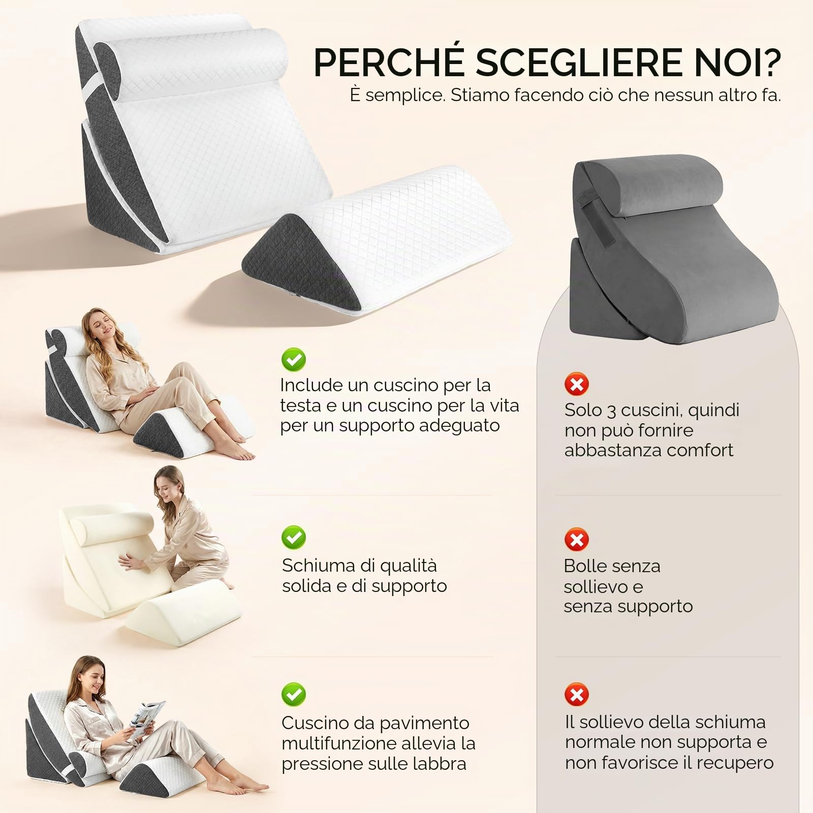 Set di 4 cuscini a cuneo ortopedici regolabili in memory foam, cuscini triangolari pieghevoli con rivestimento rimovibile e lavabile, cuscino per la schiena, cuscino da lettura per letto e divano, per