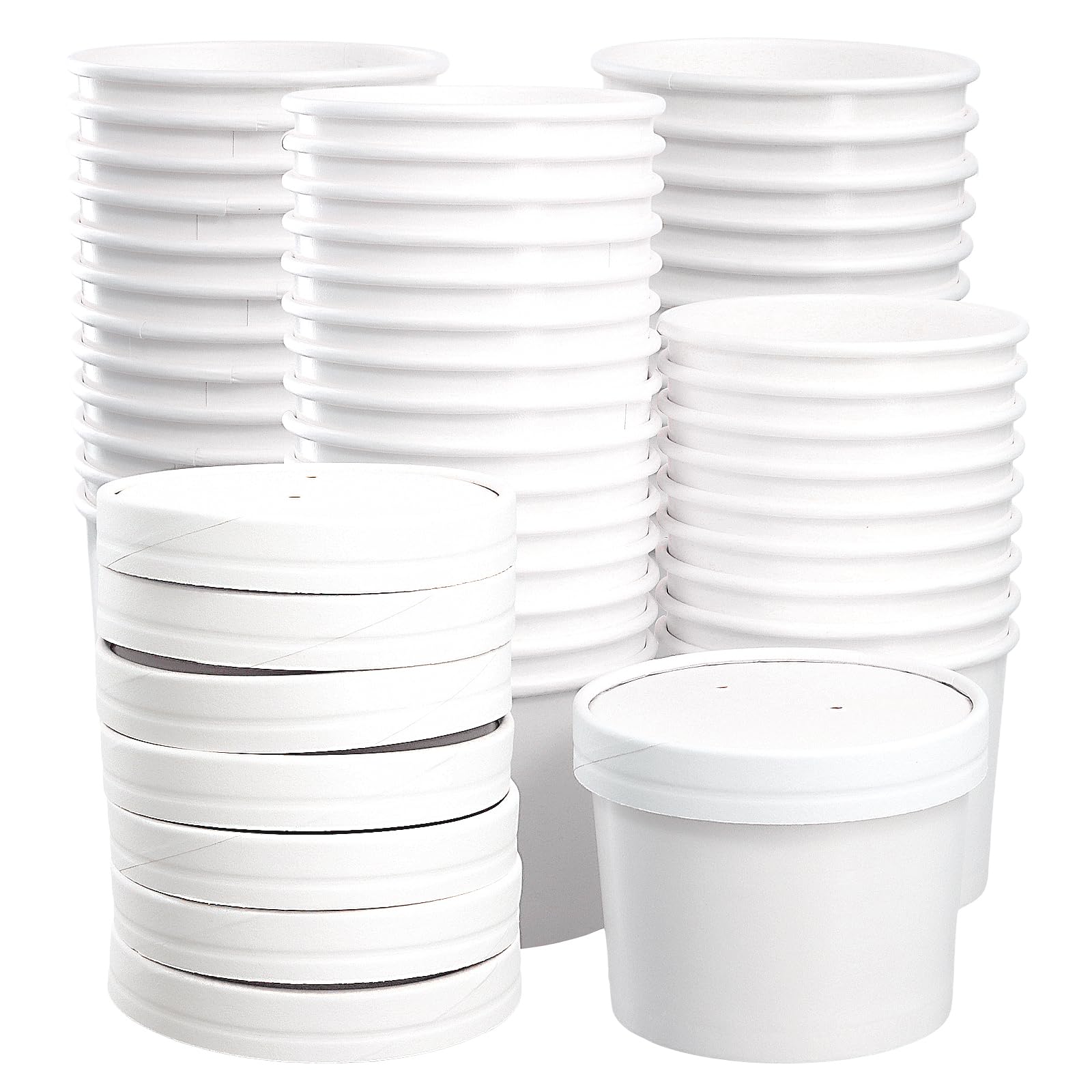 KEILEOHO 50 Bicchieri Monouso in Cartone da 350 ml (12 oz) con Coperchio, Bianchi per Zuppa e Alimenti