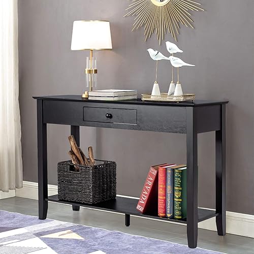 Miniatura 8 de Giantex Mesa de consola con cajón, estante de almacenamiento y plataforma de exhibición, mesa de madera de 2 niveles para sofá, mesa decorativa para