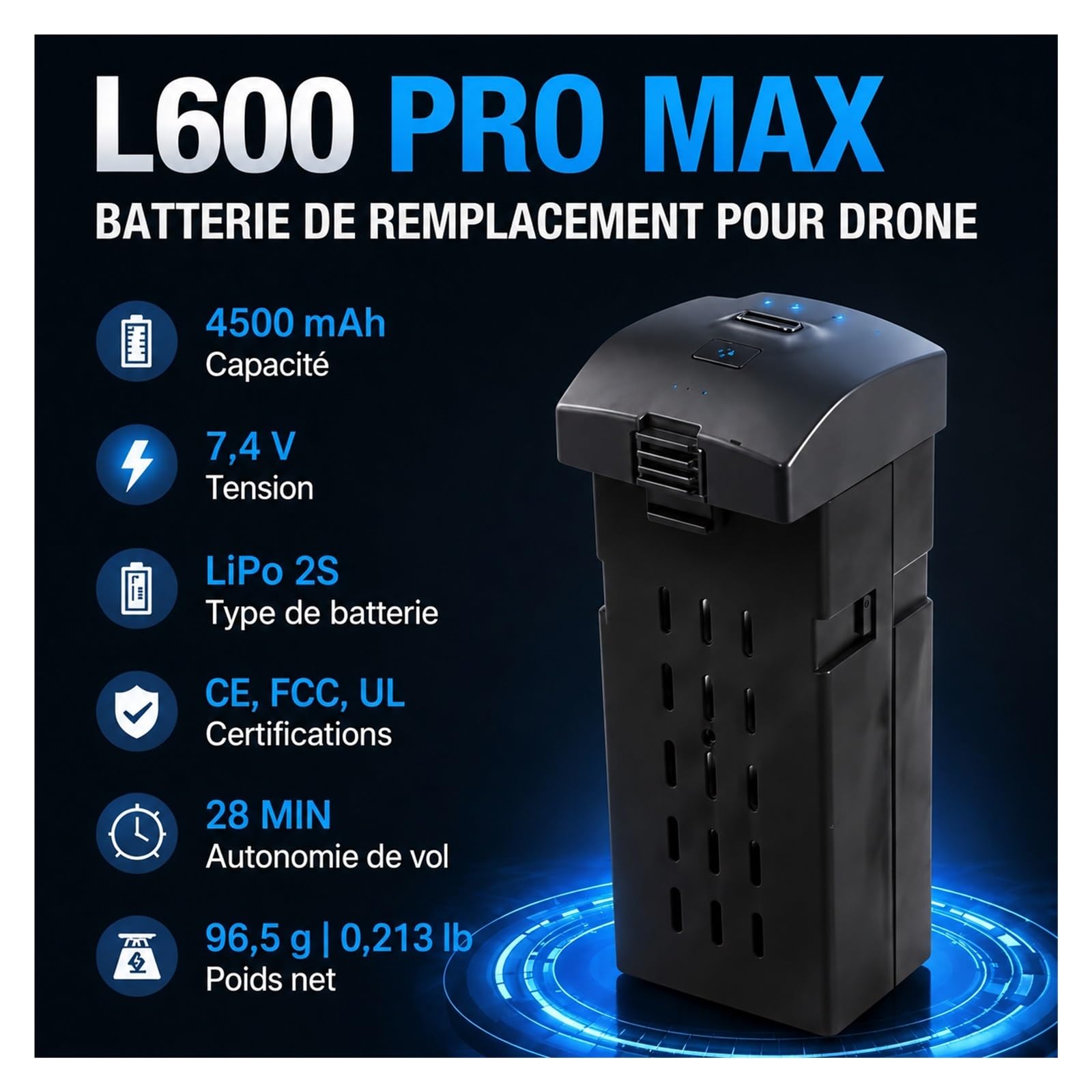 Batterie Drone L600 Pro Max 7,4V 4500mAh LiPo pour Drone Paquet 3
