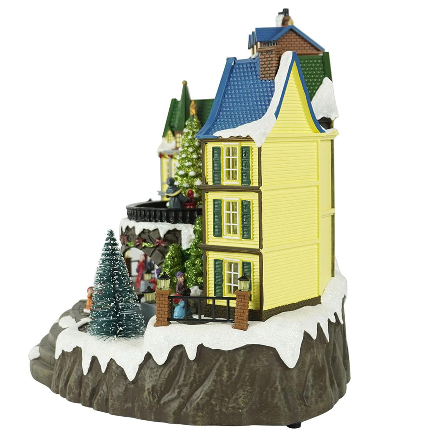 Adorno de Pueblo de Resina con Escena navideña de Papá Noel, árbol de Navidad Giratorio y animación de esquí, con Luces LED y música navideña