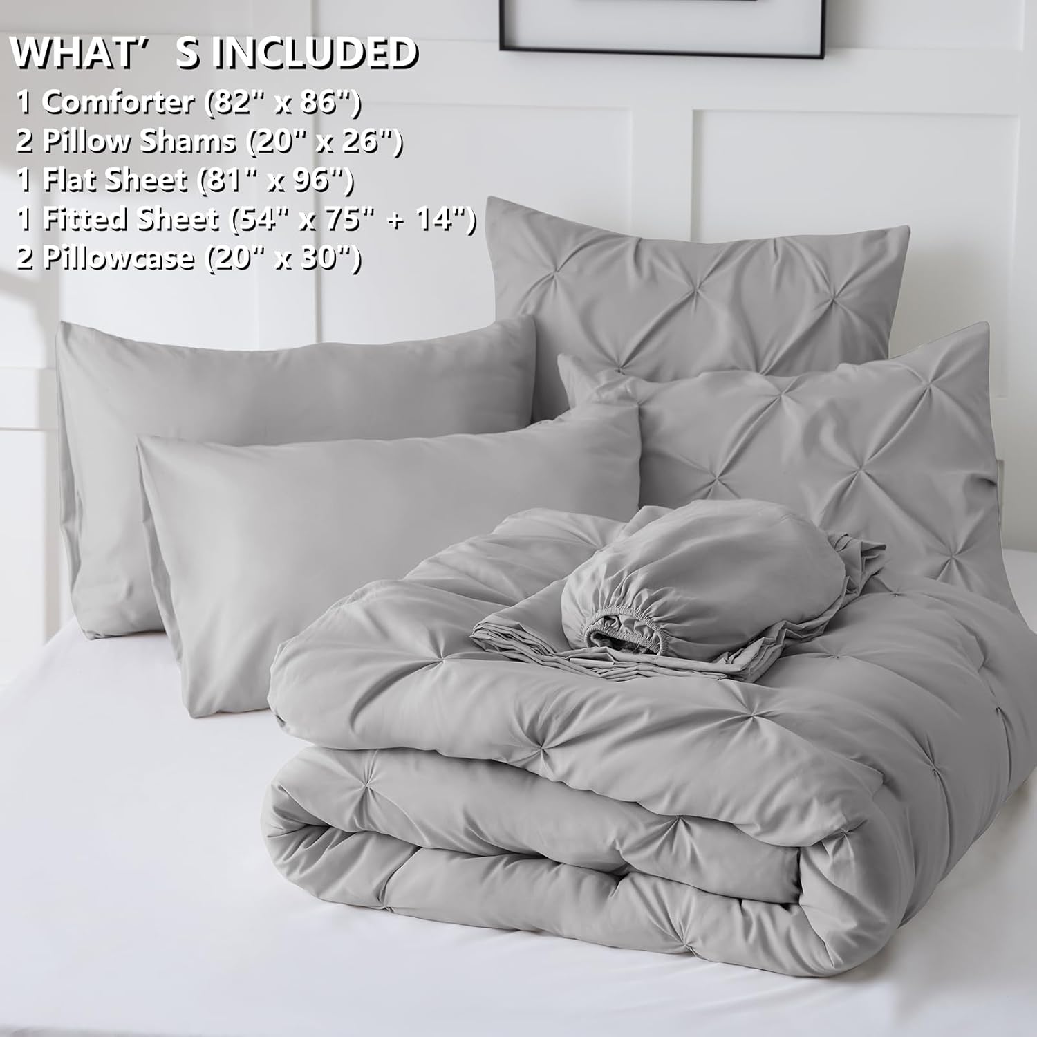 HIMEET Pintuck Bed in a Bag, 7 Pieces Full Size Comforter Set Light Grey, Pinch Pleat Bed in a Bag, Soft All Season Bedding Sets with Comforter, Flat Sheet, Fitted Sheet and Pillowcases & Shams