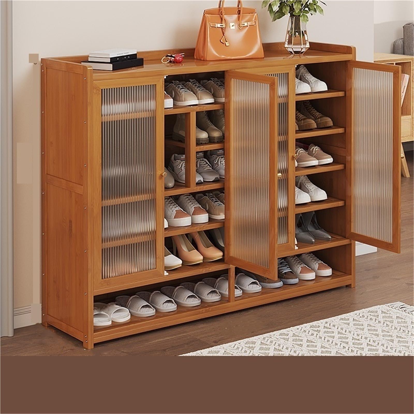 SDCFFC 7 Tier Bamboo Shoe Storage Cabinet with Boot Storage Freestanding Shoes Racks with Doors Shoe Cabinet Shoe Shelves Organizer for Entryway Hallway Bedroom,Freestanding Organizer