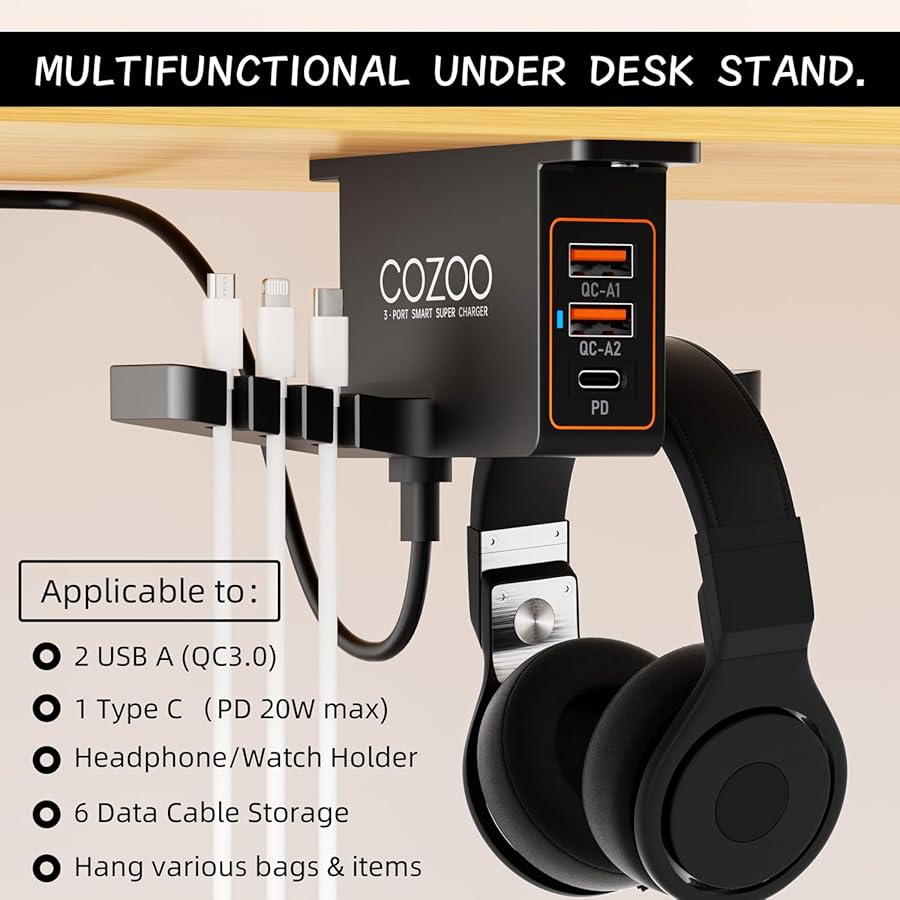 cozoo Headphone Stand with USB Charger Under Desk Headset Holder Mount 3 USB Charging Station,iWatch Stand Watch Dock Dual Earphone Hanger Hook,PC Accessories Gifts,UL Tested - image 3