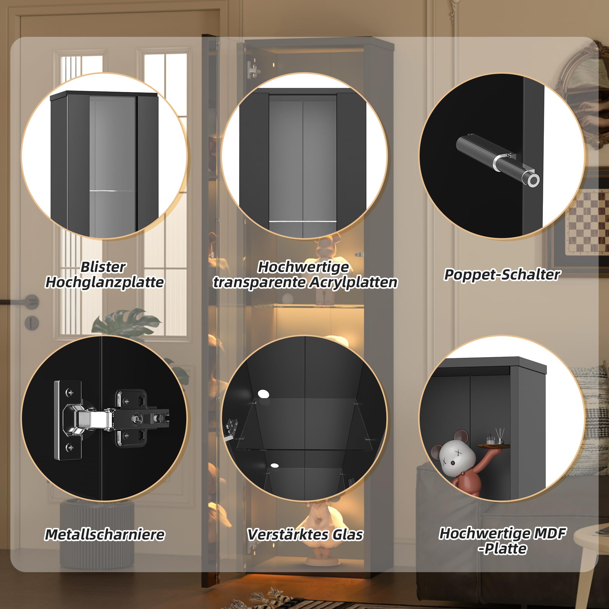 Bladez Vetrina con illuminazione a LED, 40 x 29 x 170 cm, vetrina in vetro a 4 livelli, con vetro acrilico e cambio colore tramite app/telecomando, moderna vetrina da collezione per soggiorno, ufficio