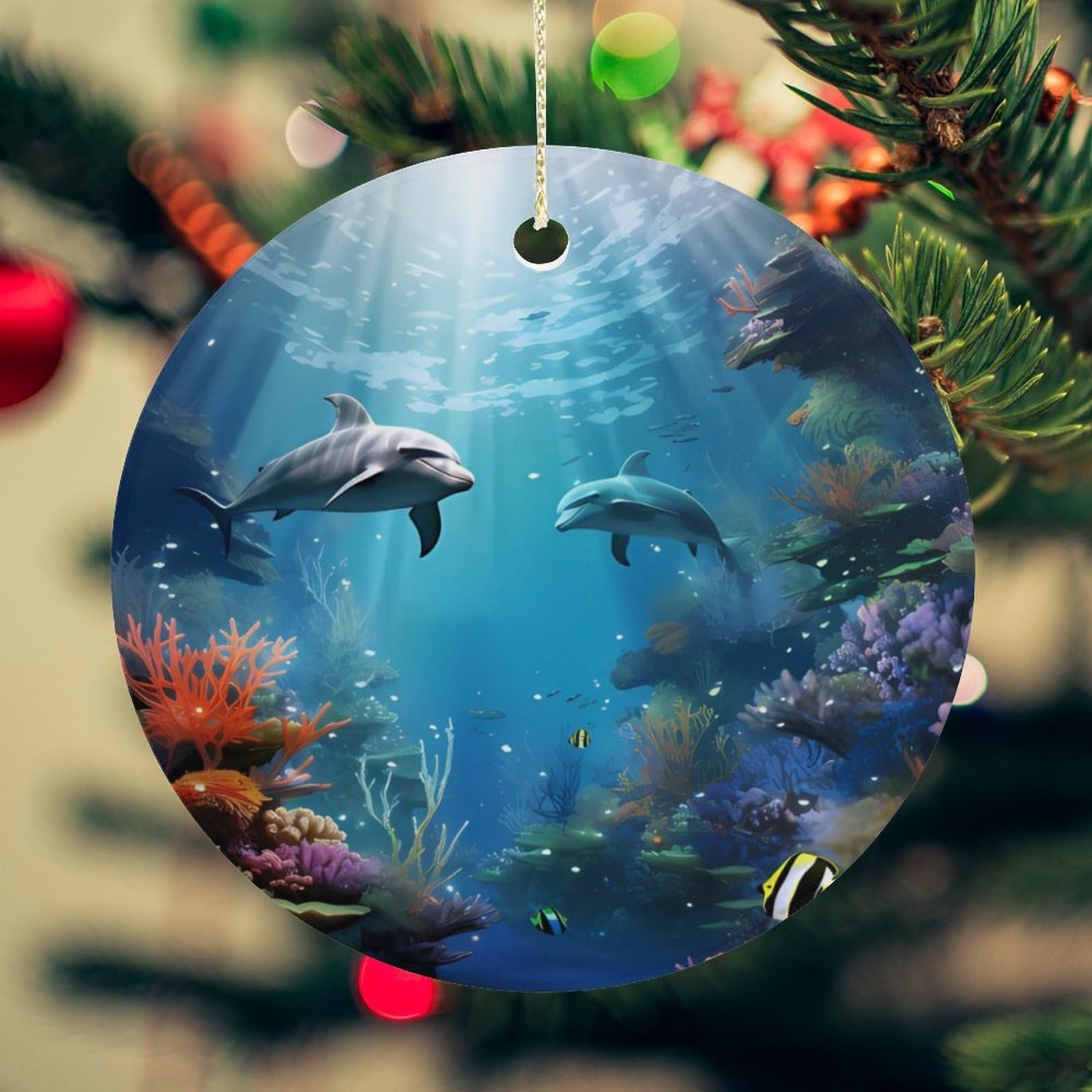 Blue Ocean Underwater Fish Christmas Ornament for Christmas Tree Ceramic Round Ornament Winter Holiday Keepsake Gift 2.7" Christmas Tree Hanging Decorations Circle Ceramic Pendant Xmas Gift