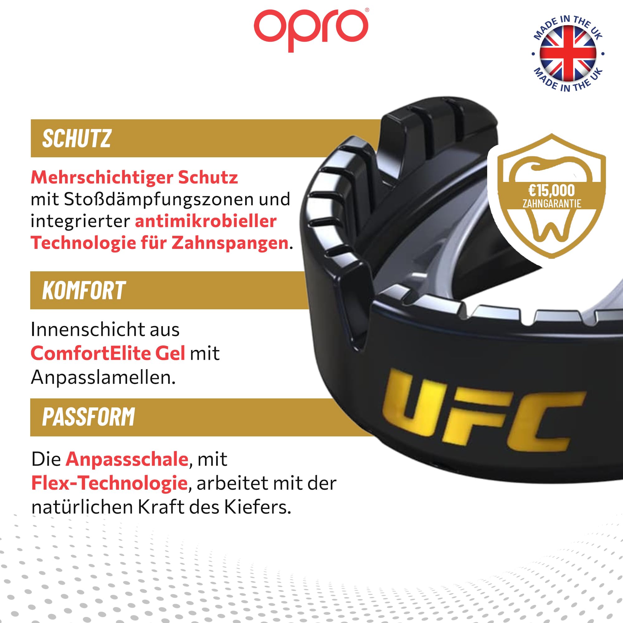 OPRO Mundschutz für feste Zahnspangen – Gold-Level Zahnschutz für Boxen, Kampfsport, MMA, Erwachsene & Kinder (Alter 10+) – Selbstanpassende Schiene – Premium Passform – Mit zahnärztlicher Garantie