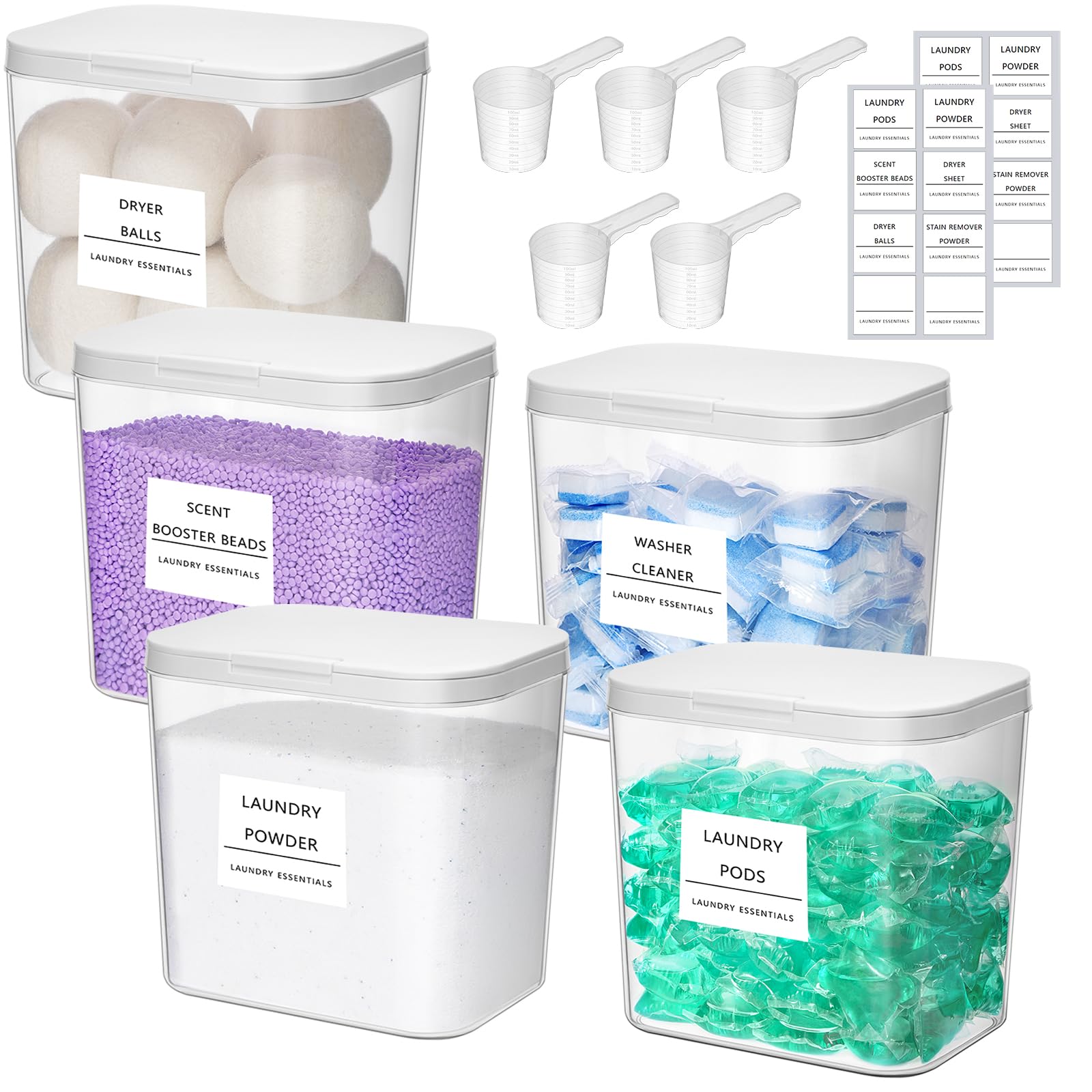 Lifewit 5 Pack Laundry Pods container with Labels and Measuring Scoops, Five 0.72 Gal/92 Oz Laundry Powder Containers with Press-and-Pop Lid, Room Organization and Storage for Booster Beads