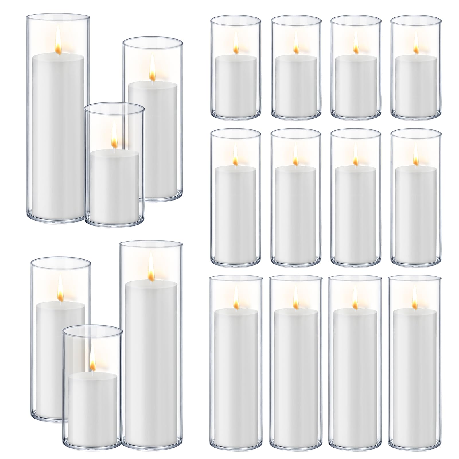 Homjoy 36 PCS White Pillar Candles with Glass Candle Holders Clear Hurricane Candle Holders Glass Cylinder Vases for Centerpieces Wedding Party, Event, Home Office (18 Candles+18 Candle Hoders)