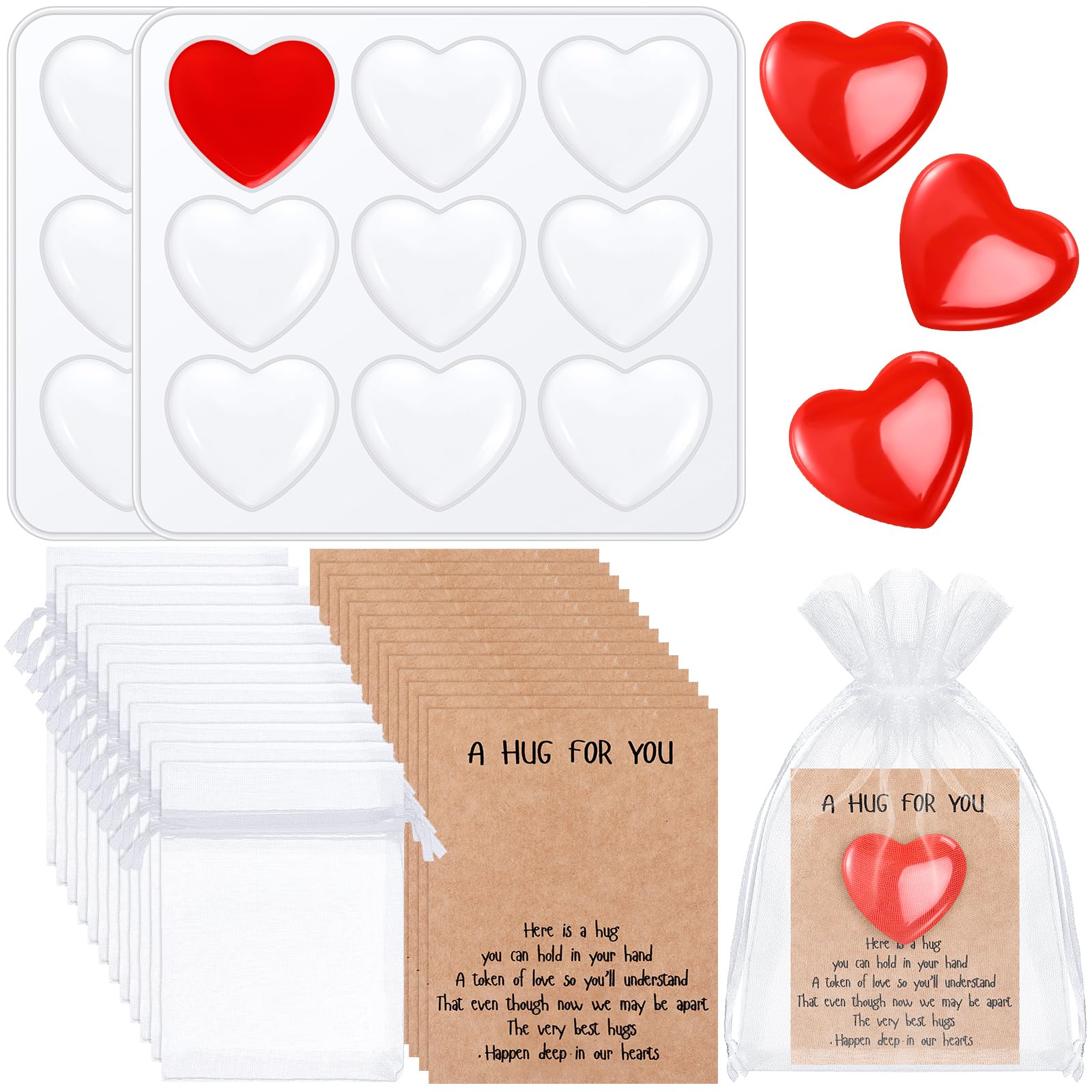 Teenyyou 50 Pocket Heart Hug Token Bulk Set with 2 Silicone Molds 50 Cards 50 Organza Bags DIY Craft Keepsake Gifts for Family Colleagues Lover