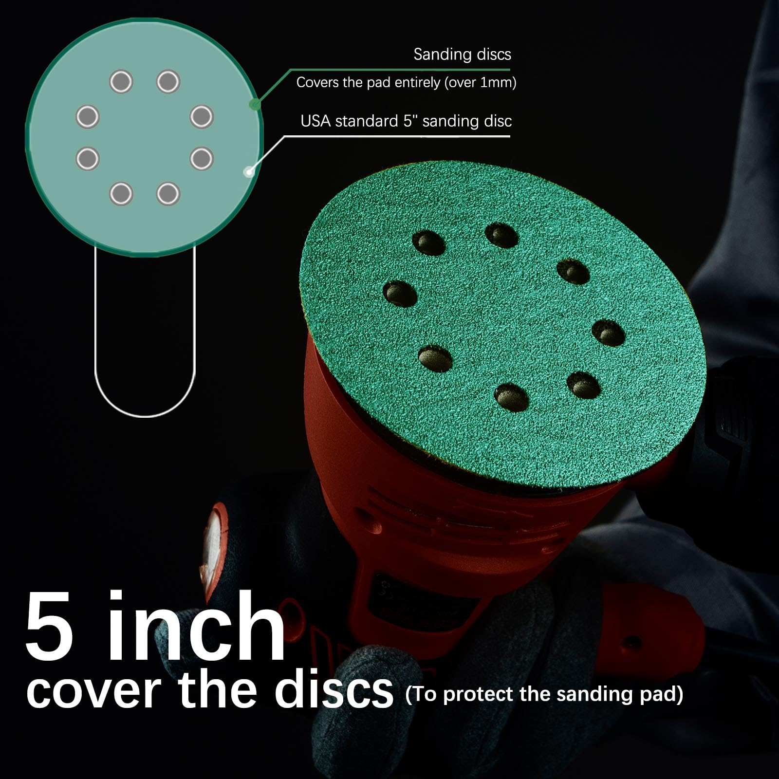 Disco de lijado de 5 pulgadas, 8 agujeros, almohadillas de lijadora orbital para carpintería, metal, automoción, discos de papel de lija de película verde, grano 220, paquete de 50