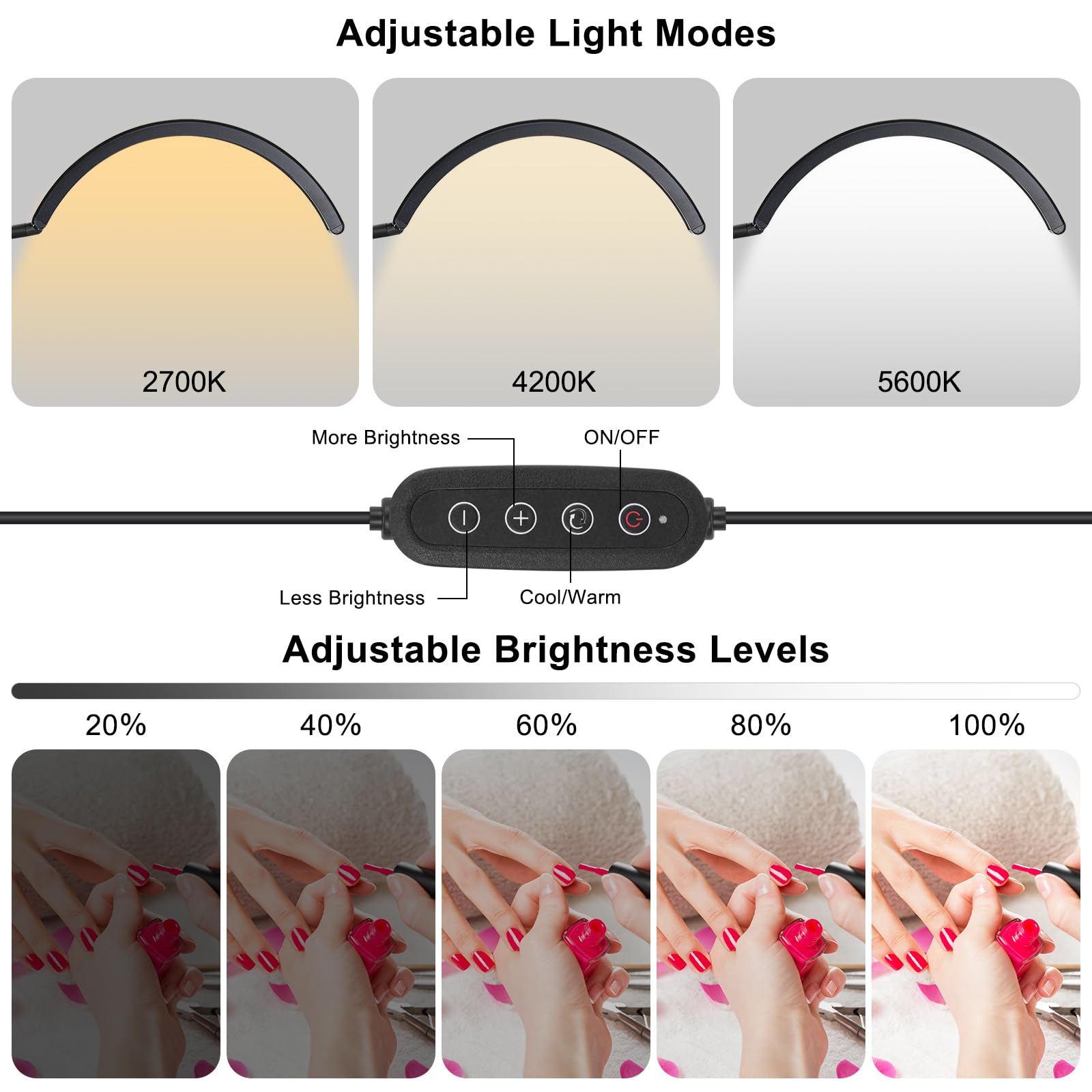 Lampe de bureau LED professionnelle demi-lune pour techniciens et artistes des ongles – Lampe flexible col de cygne avec pince, 3 modes de couleur et 5 niveaux de luminosité pour manucure